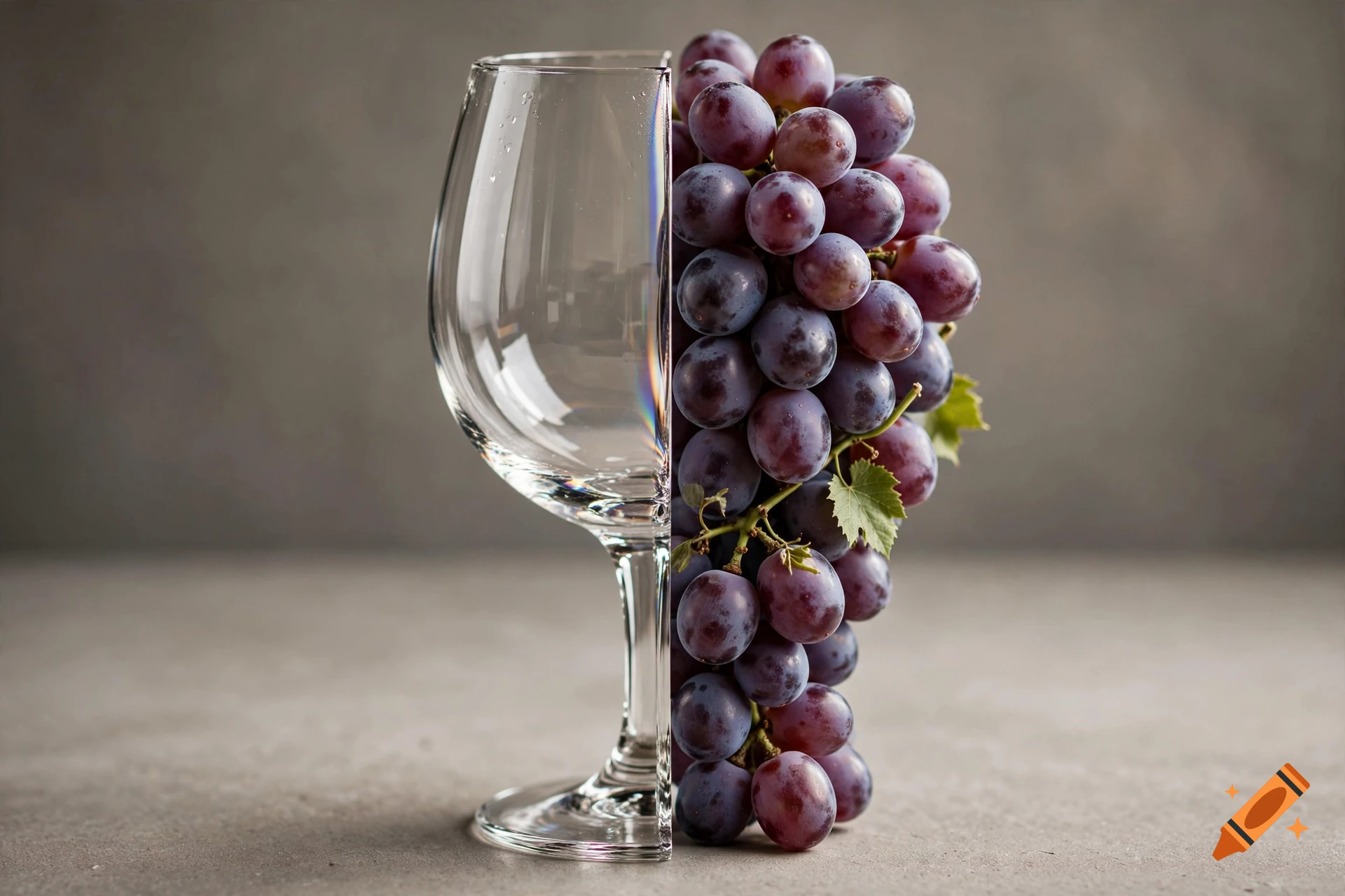 A photorealistic image of a wine glass seamlessly split in half down the middle, with the right half filled with fresh red grapes and green leaves against a gray background.