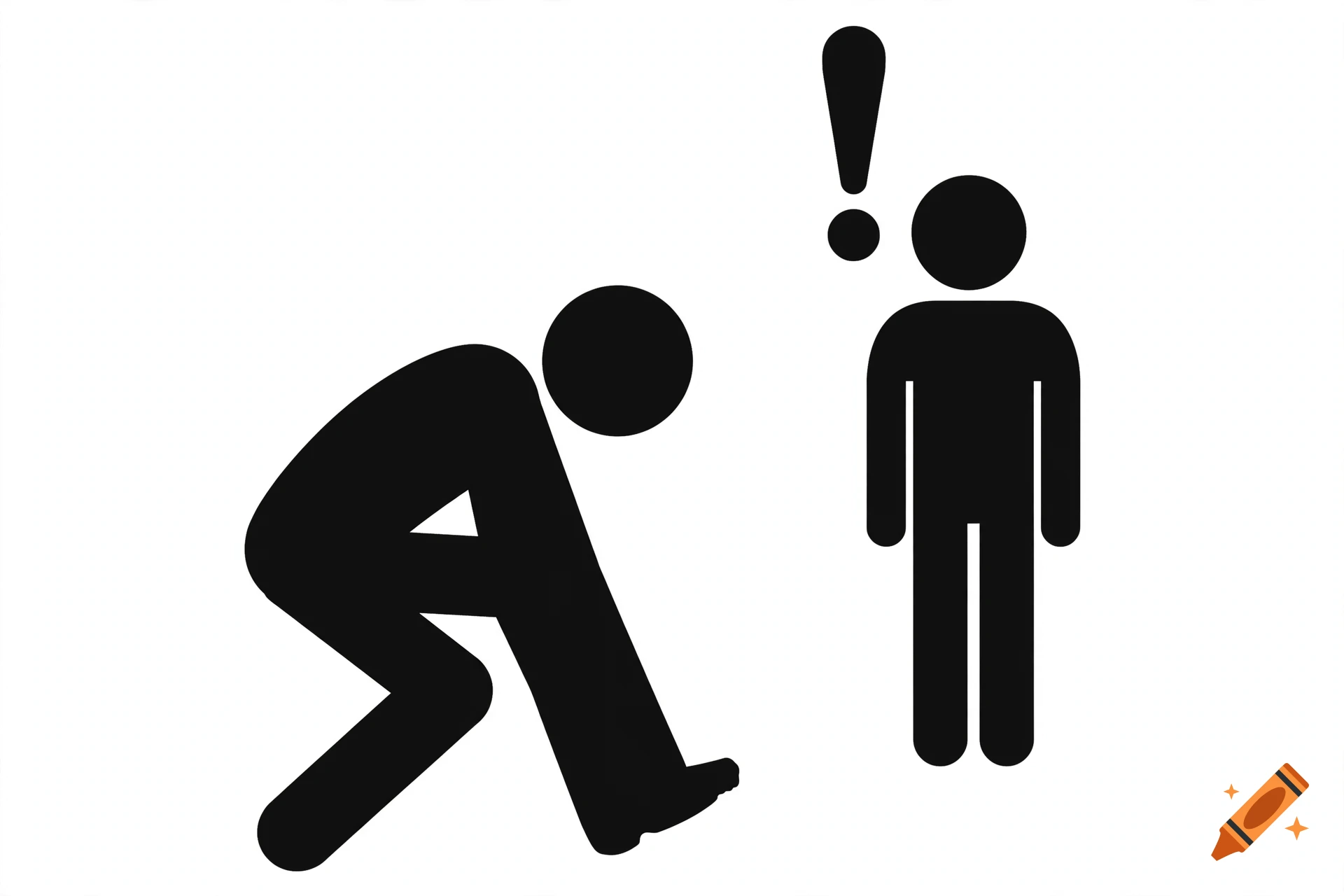 Black and white vector pictogram showing a person bending over and another standing with an exclamation mark above.
