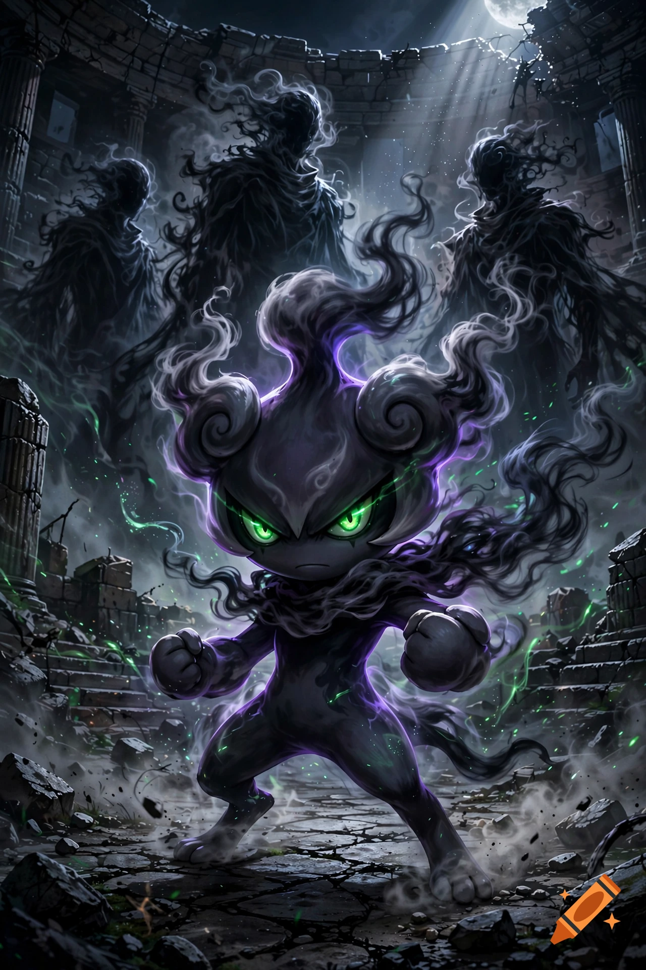 Marshadow in a fighting stance surrounded by shadowy ghost figures in a ruined stone amphitheater.