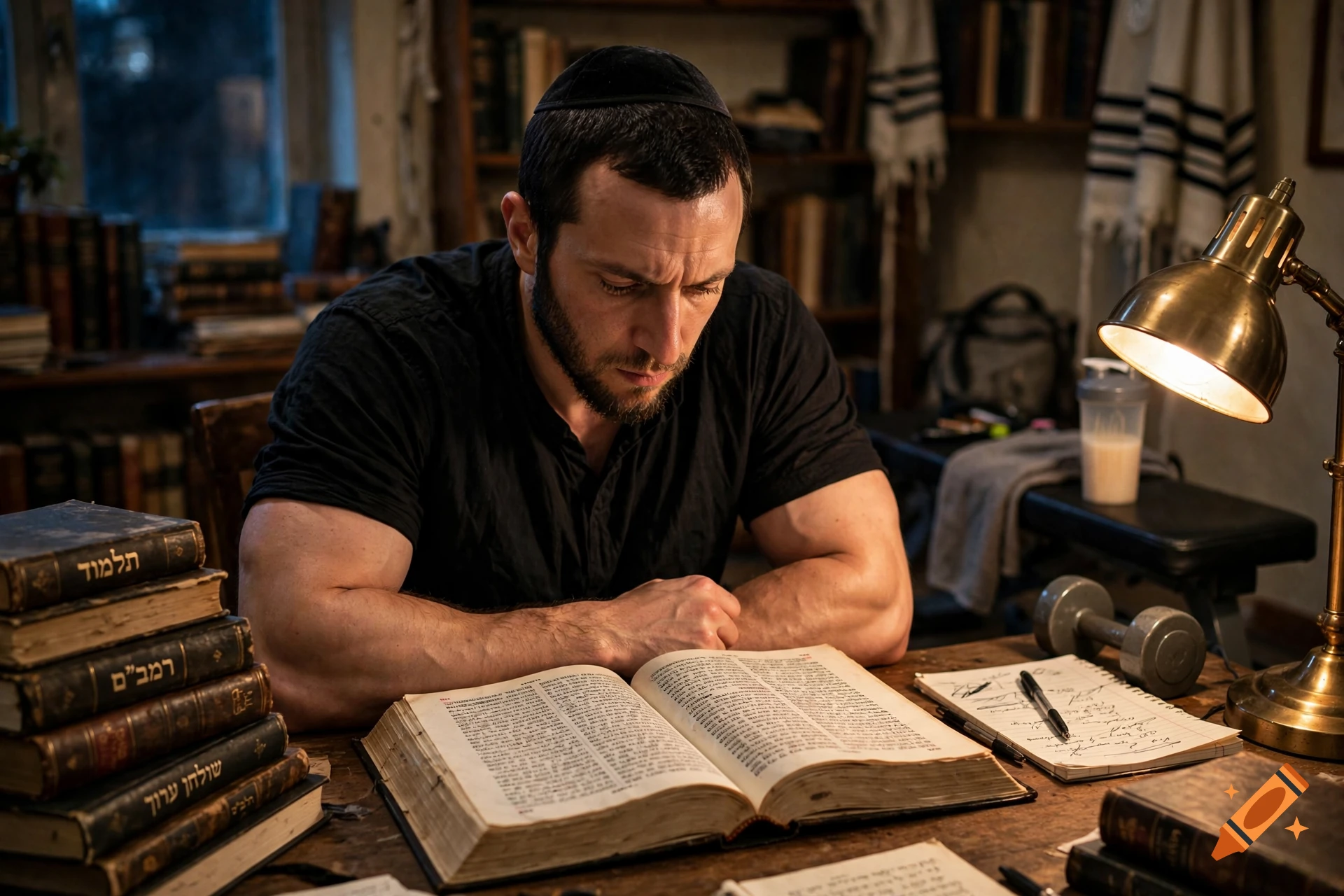 Photorealistic image of a muscular man wearing a kippah and black t-shirt studying an open Hebrew text book at a wooden desk.