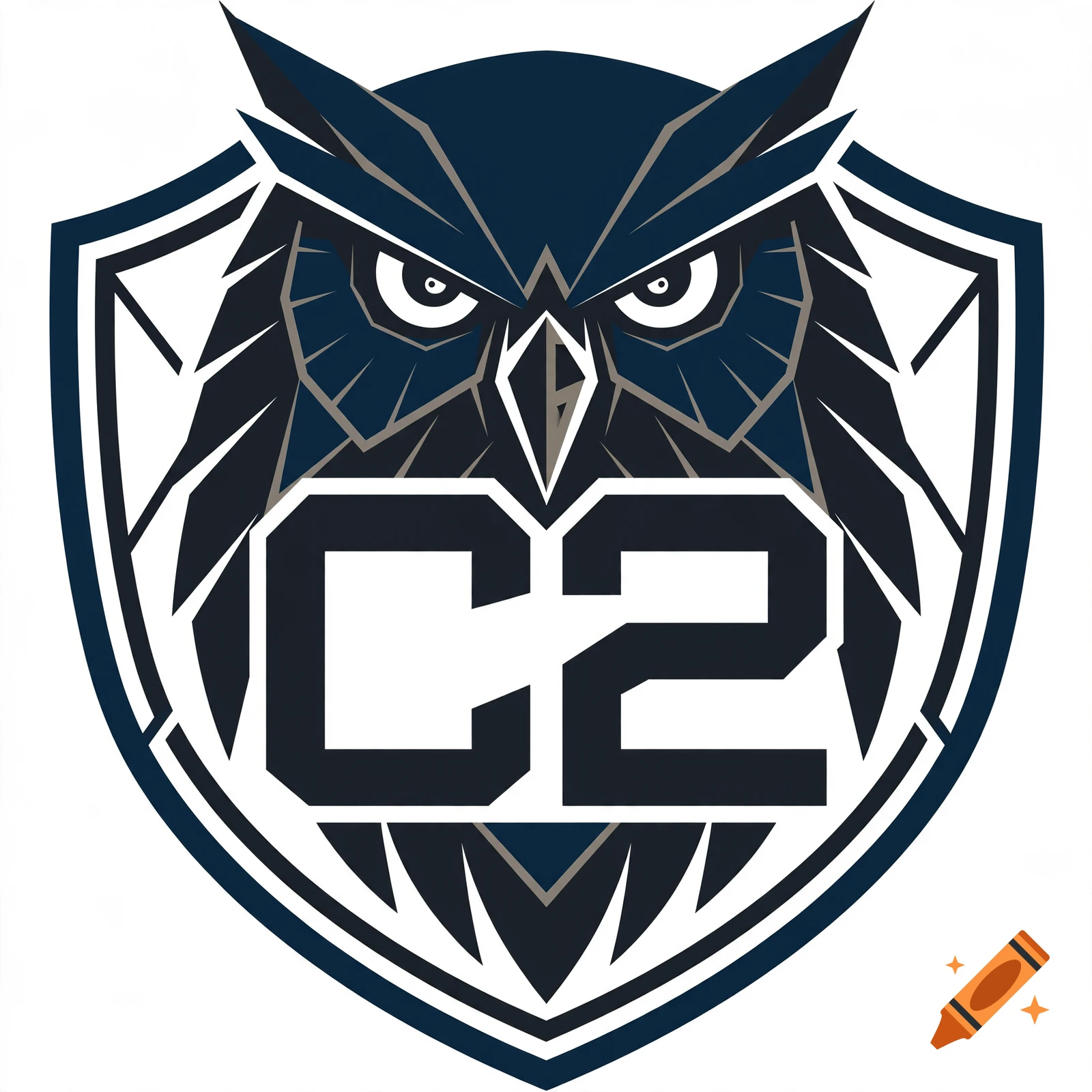 Sophisticated vector logo of a stern owl head merged with the text C2 inside a crest, flat minimalist design.