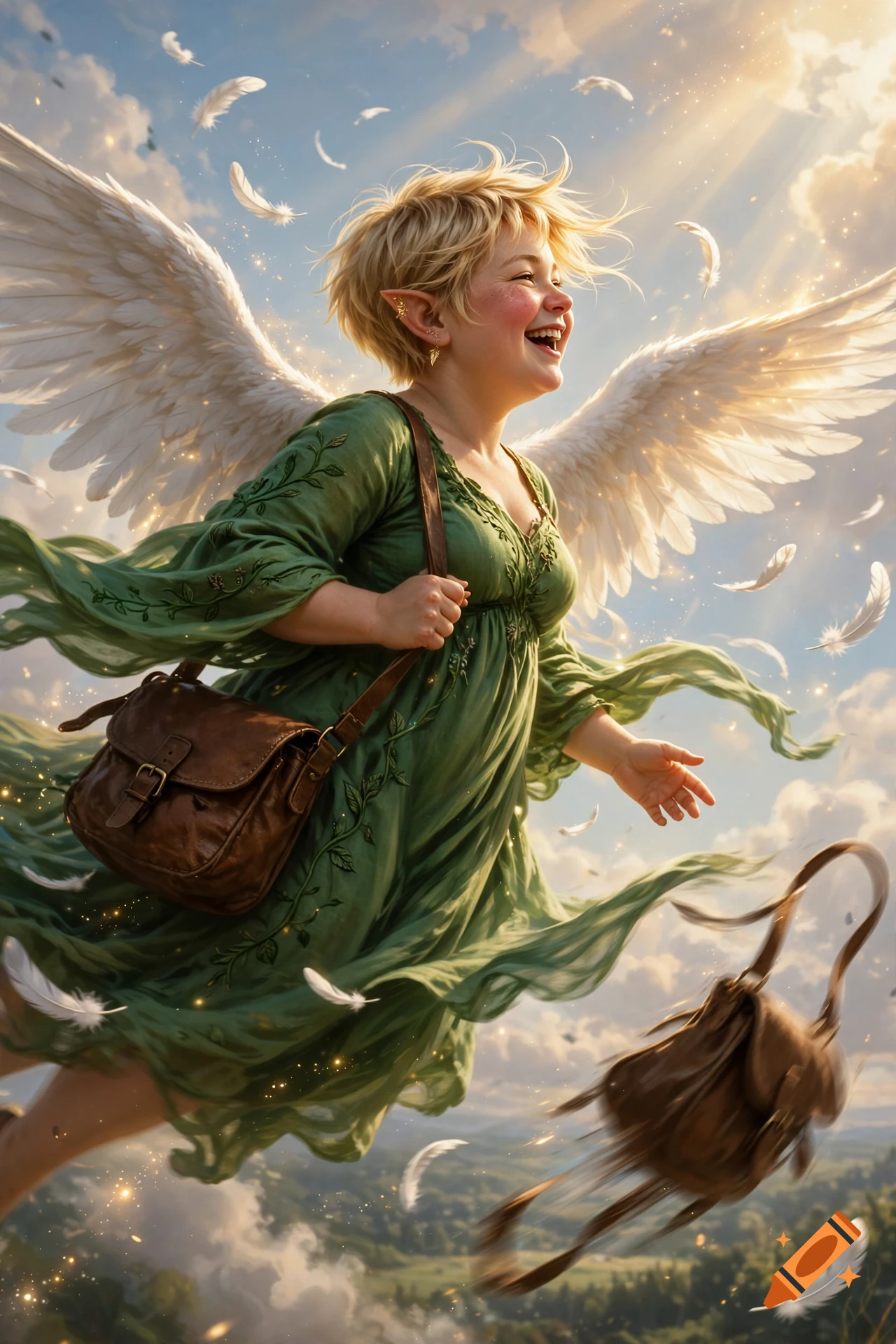 A smiling, plump elven woman with large white angel wings flying in the sky, dropping a brown leather bag.
