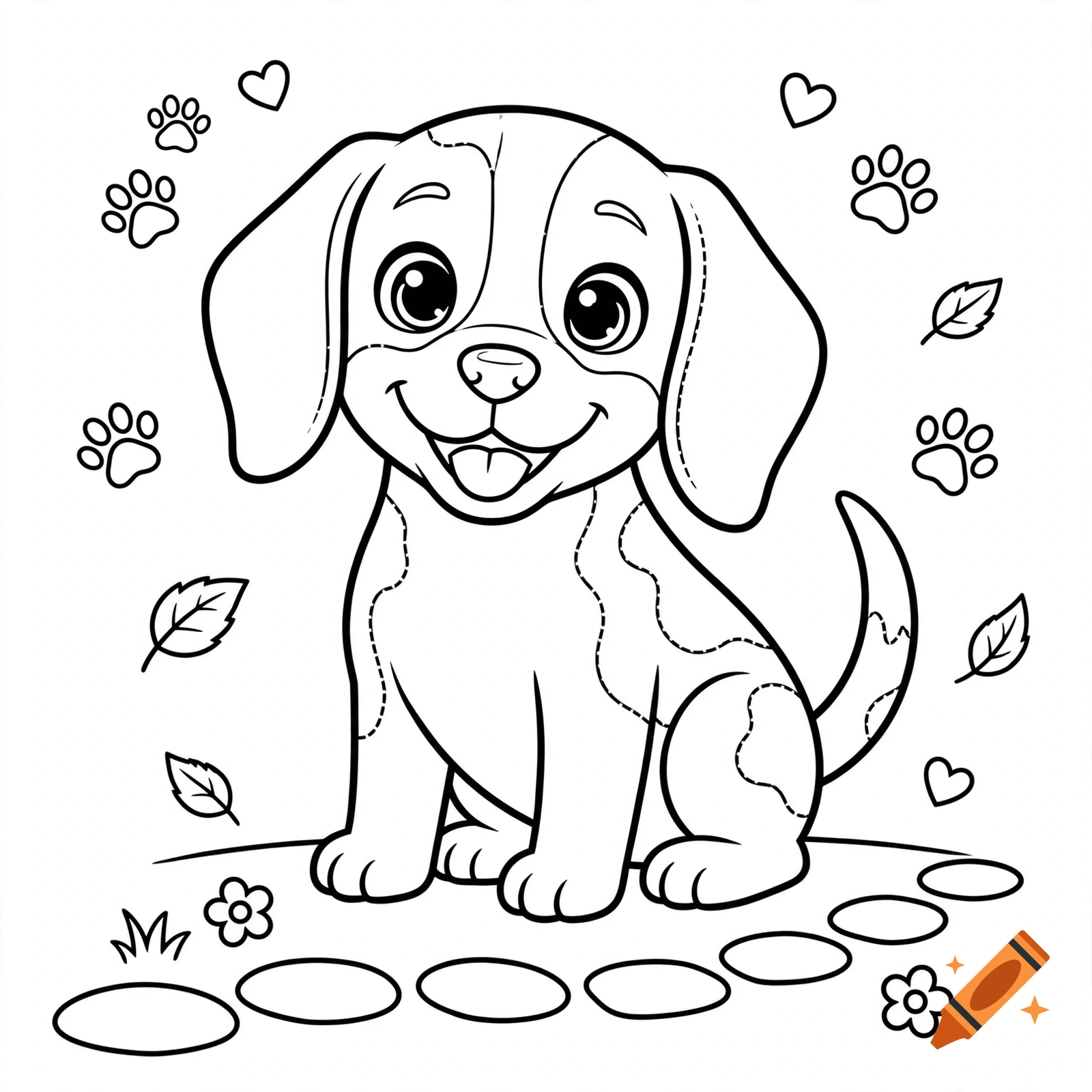 Black and white coloring book page of a cute smiling beagle puppy surrounded by paw prints, hearts, leaves, and flowers.