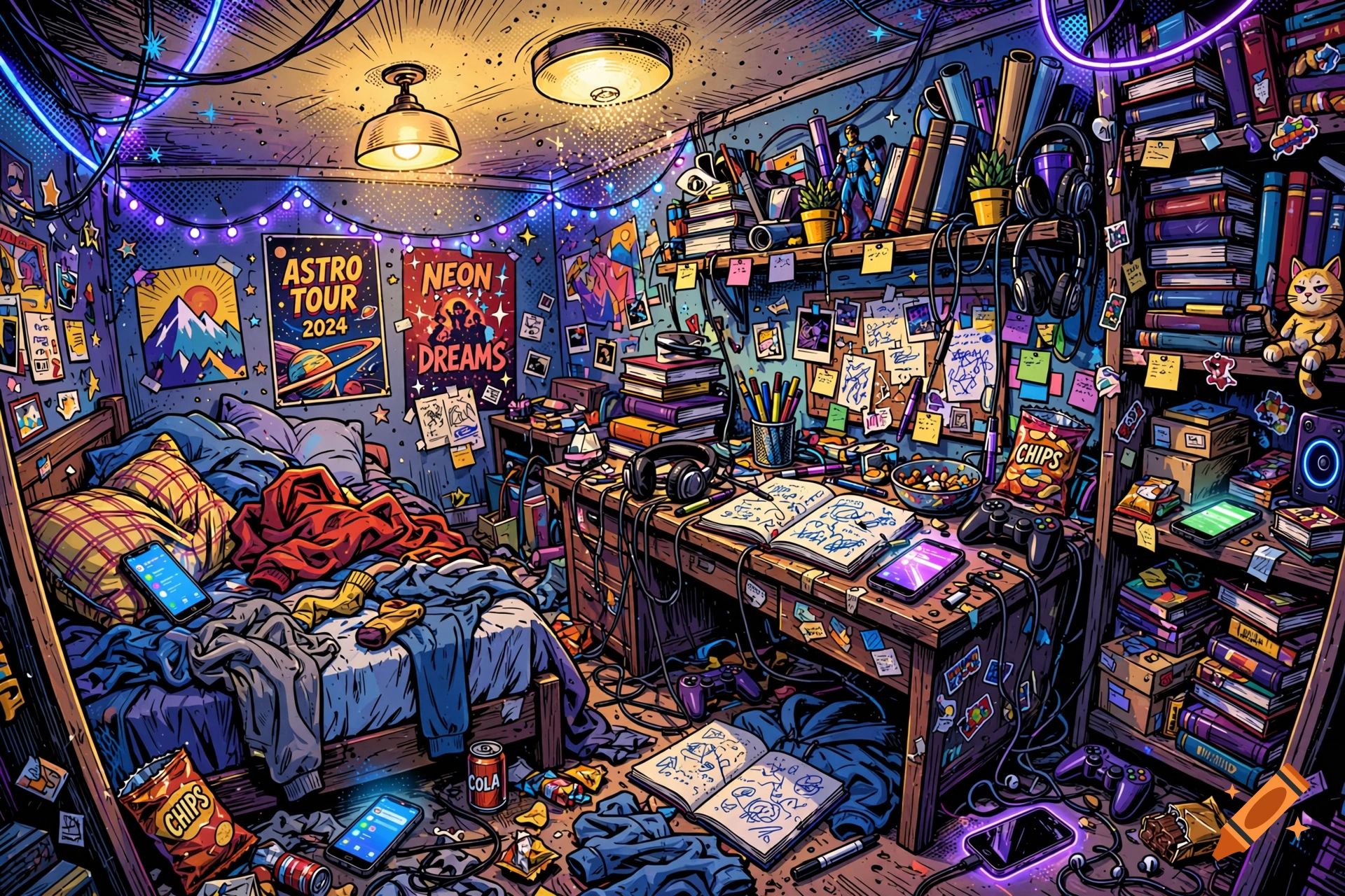 Comic-style illustration of a very messy teenagers bedroom filled with clutter, posters, desks, and electronics.
