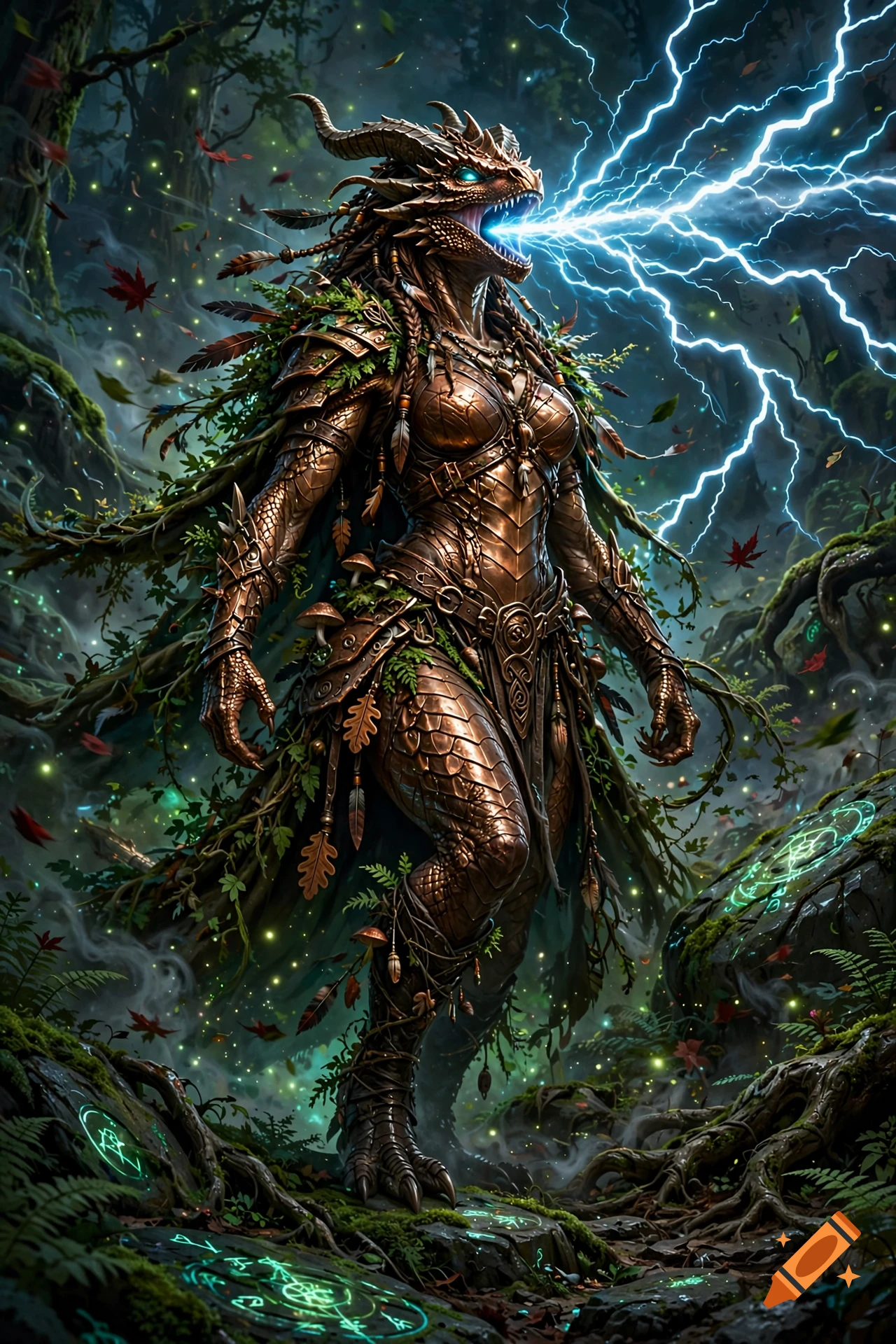 A female dragonborn druid in bronze and leather armor casting lightning from her mouth in an enchanted forest, fantasy concept art.