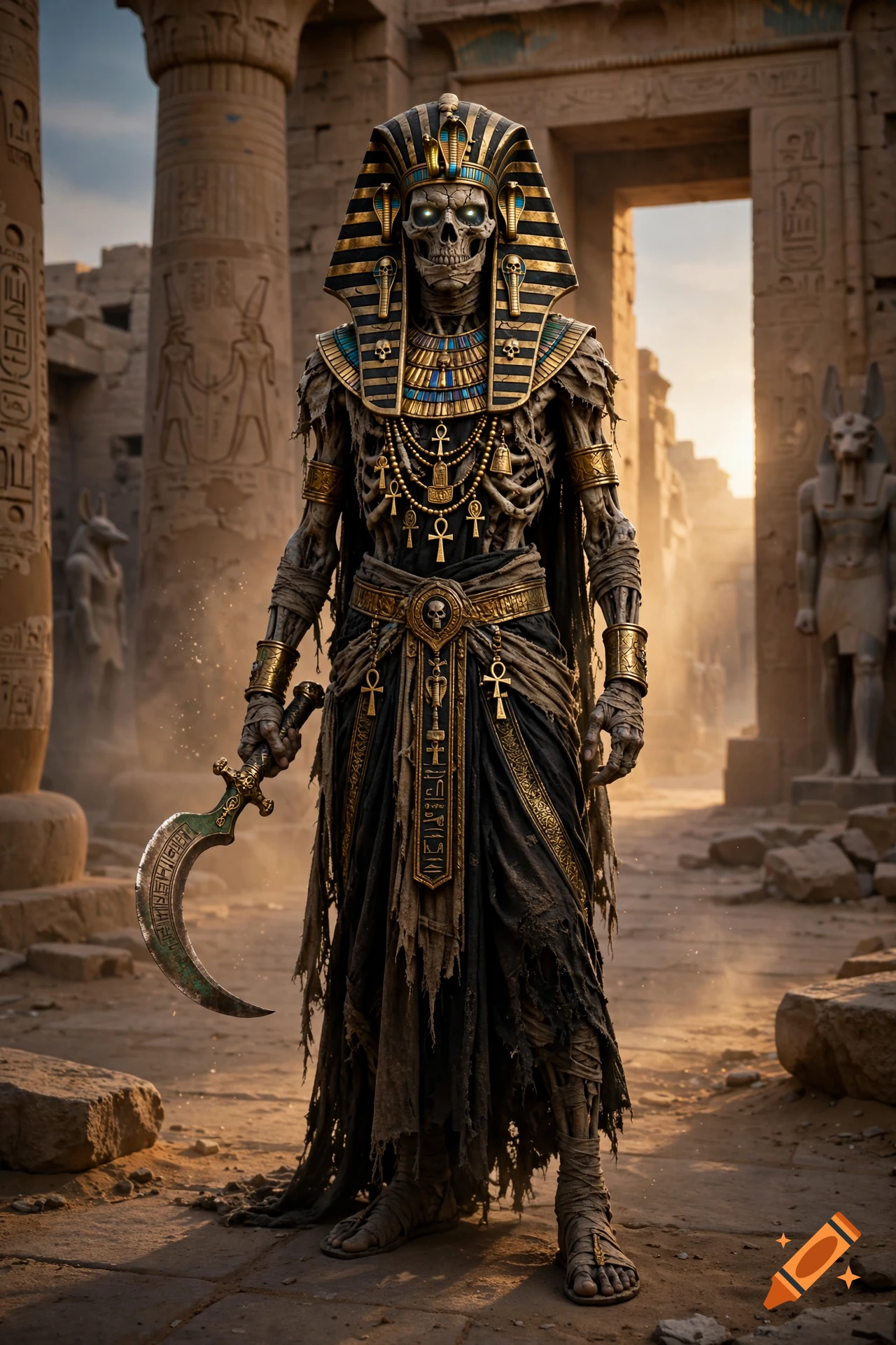 Photorealistic image of an undead mummy pharaoh in golden headdress and ornate armor holding a curved blade inside an ancient Egyptian temple.