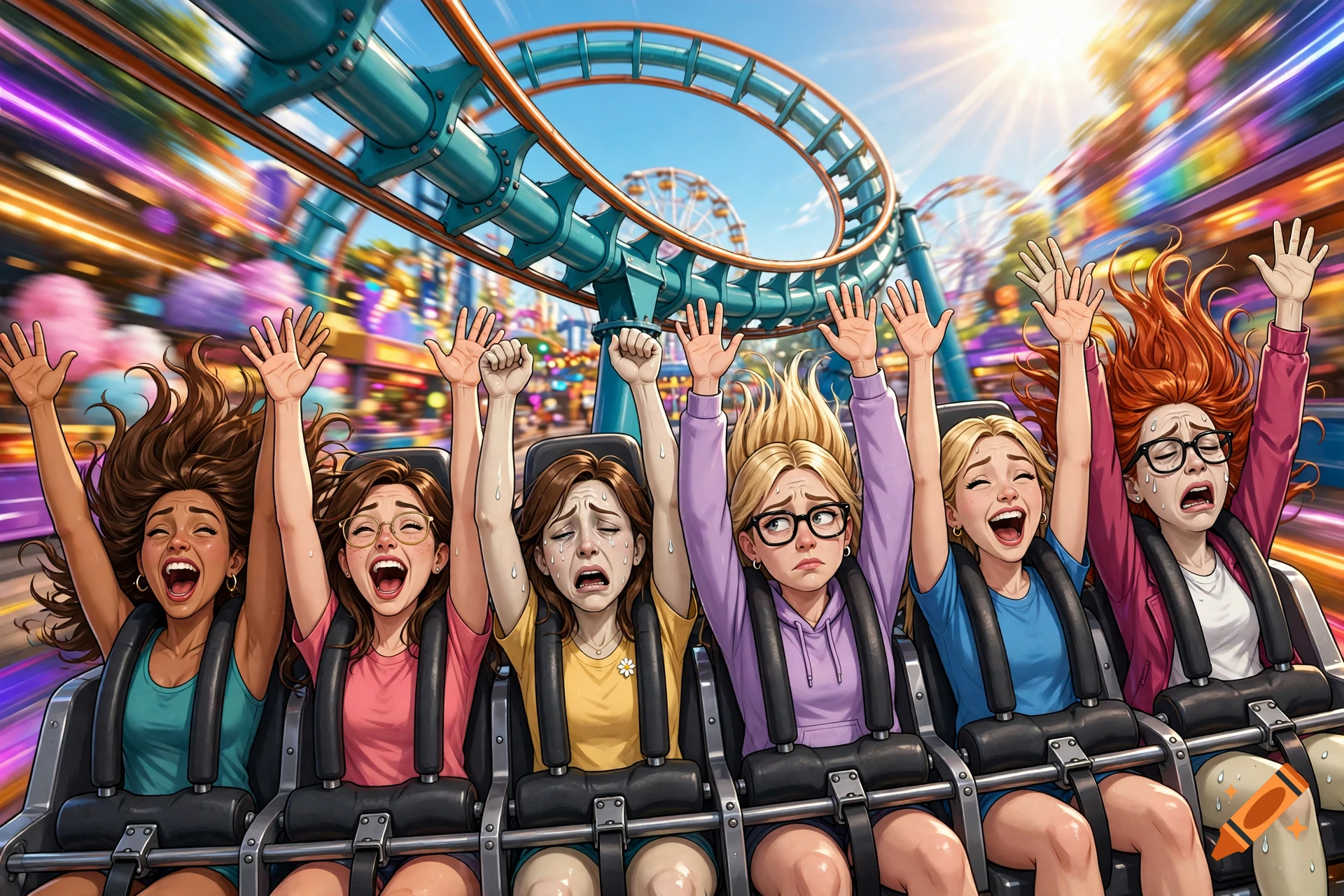 Colorful cartoon illustration of six diverse women with various expressions riding a roller coaster upside down at an amusement park.