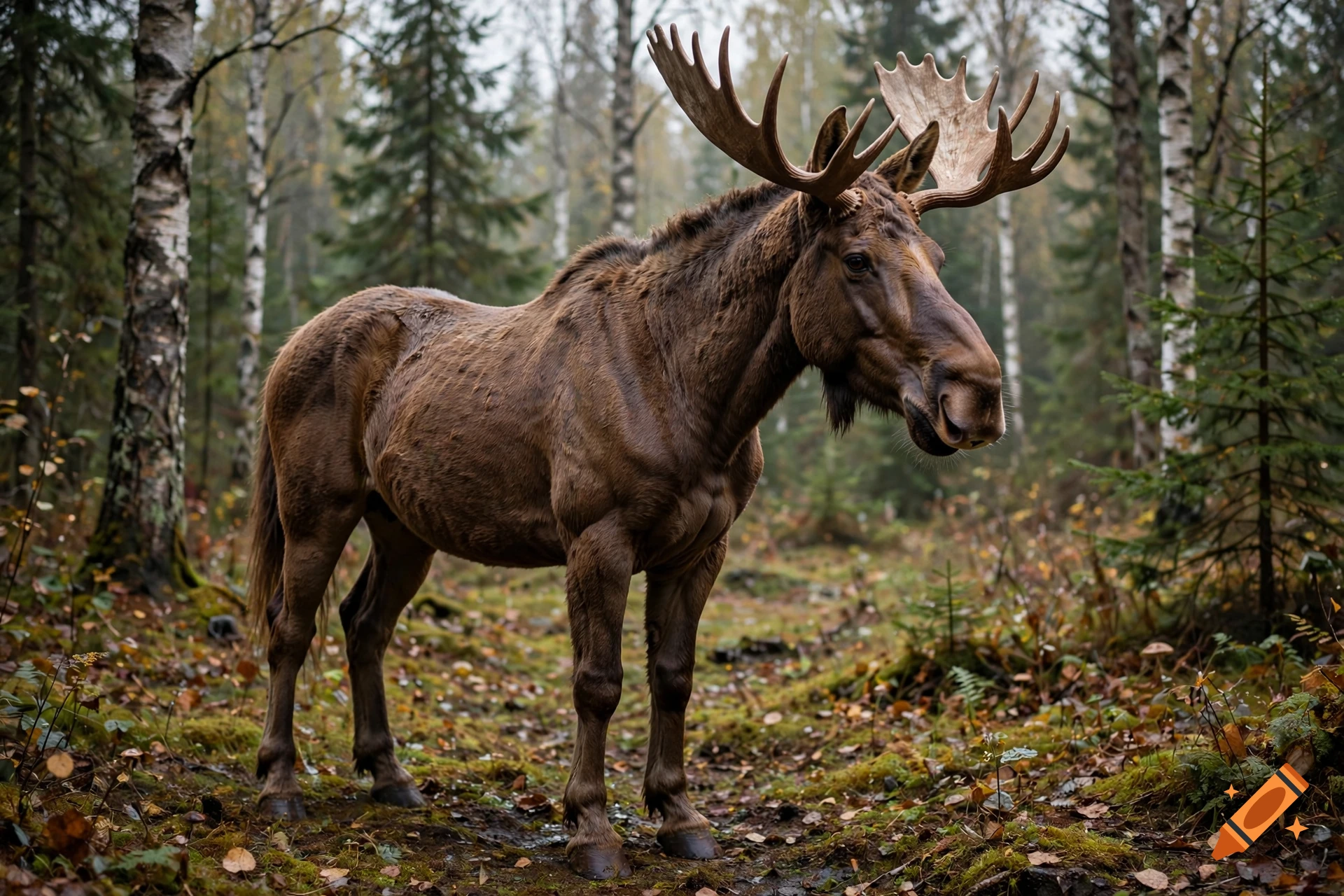 Photorealistic hybrid creature with the body of a horse and the head and antlers of a moose, standing in a forest.