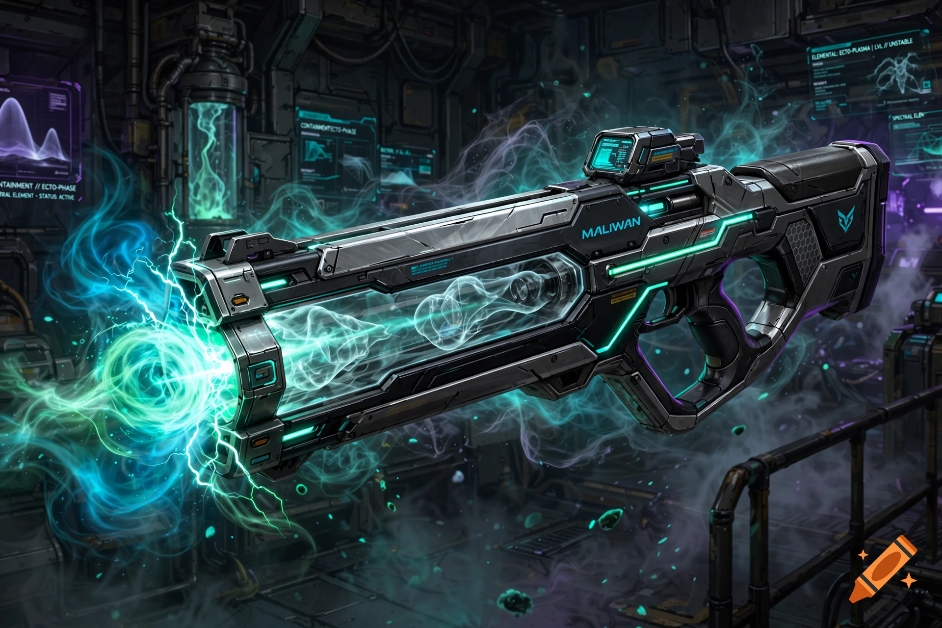 Detailed sci-fi energy weapon with glowing teal ectoplasm, futuristic interior background, digital art style.