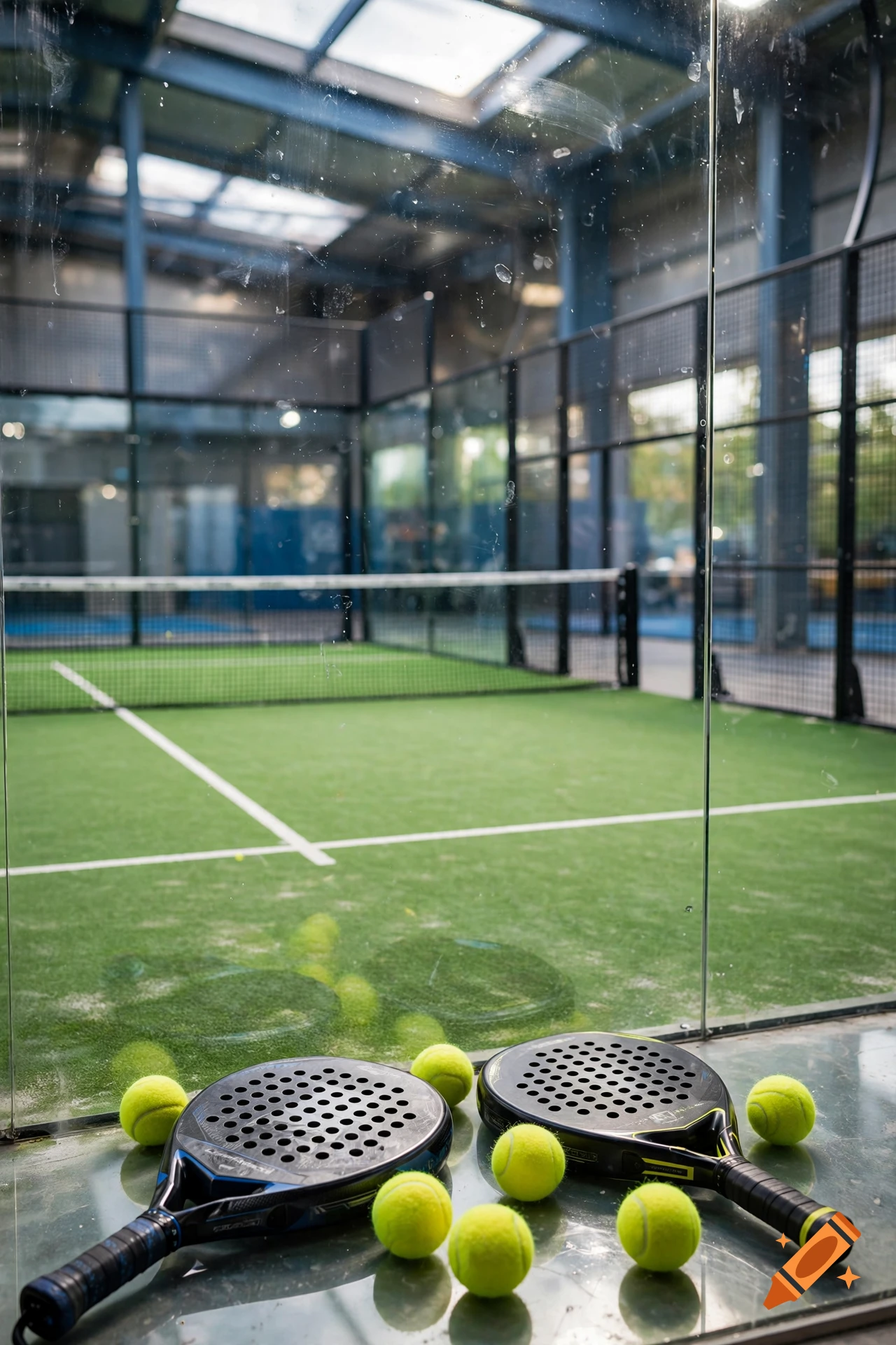 Padel rackets and tennis balls on the floor in front of a glass wall overlooking an indoor padel court, photorealistic.