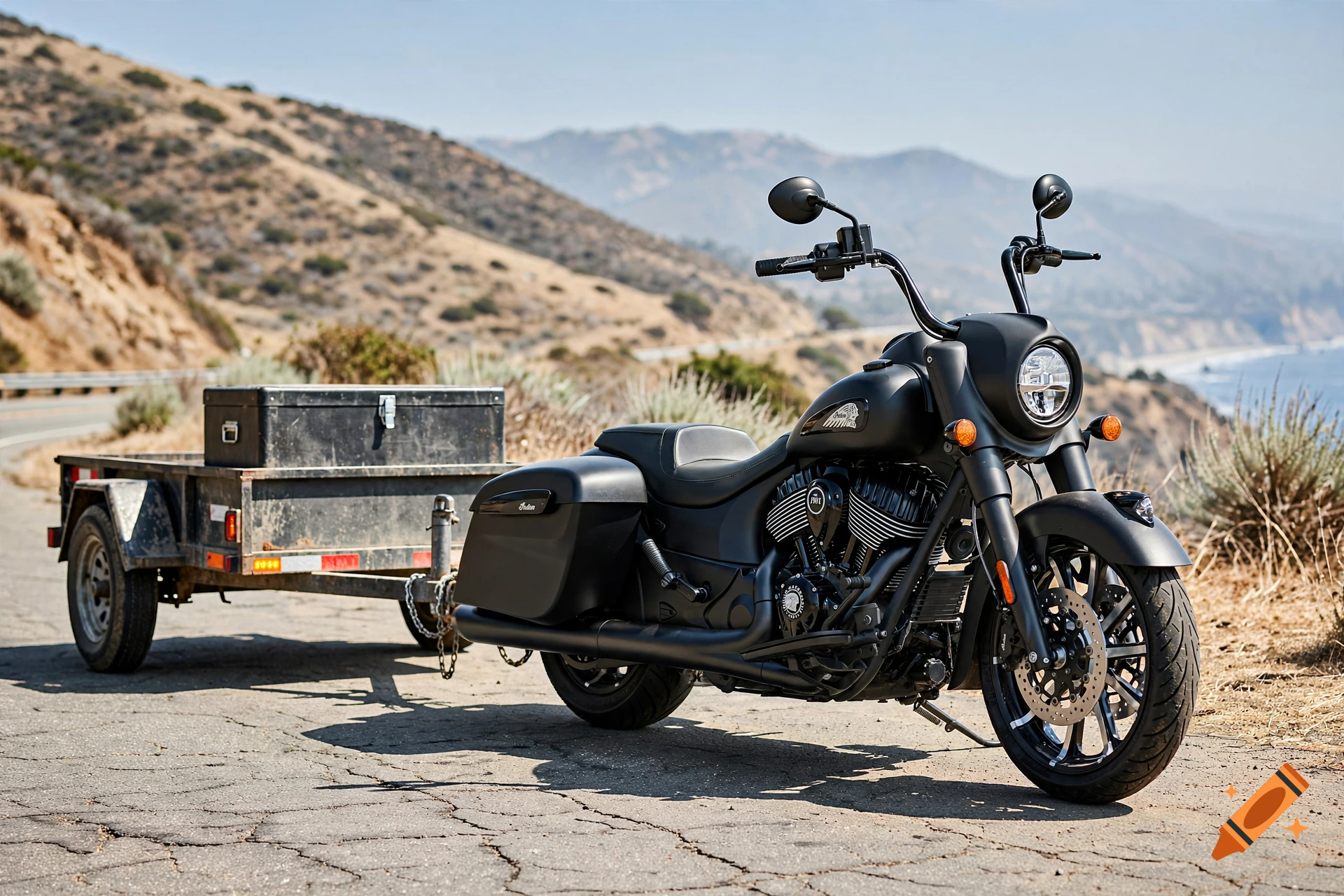 Photorealistic black motorcycle with a trailer parked on a coastal road overlooking mountains.