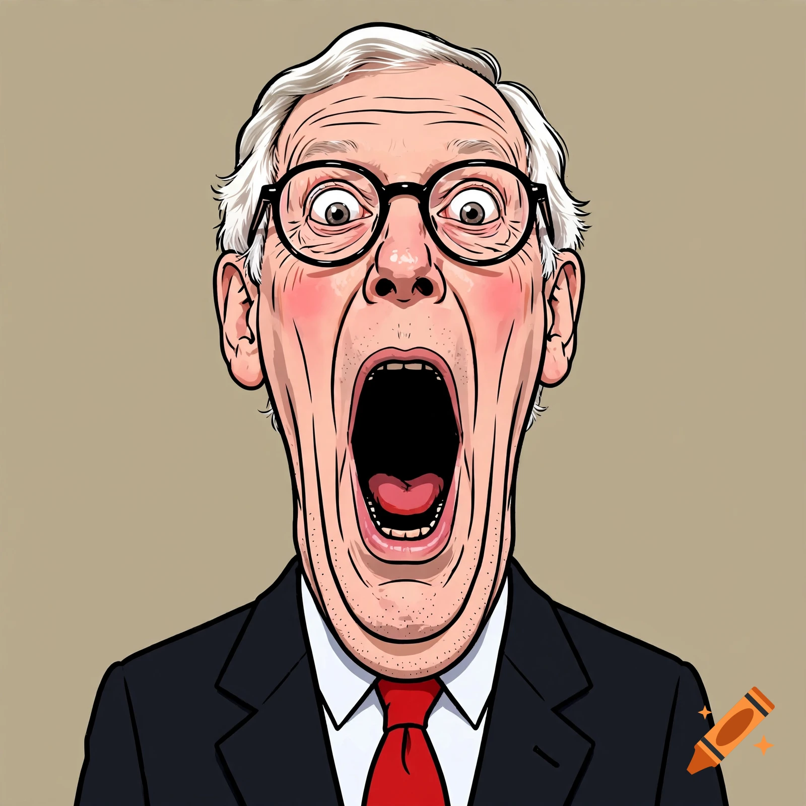 Digital caricature illustration of an older man with wide eyes and mouth wide open in a suit and red tie.