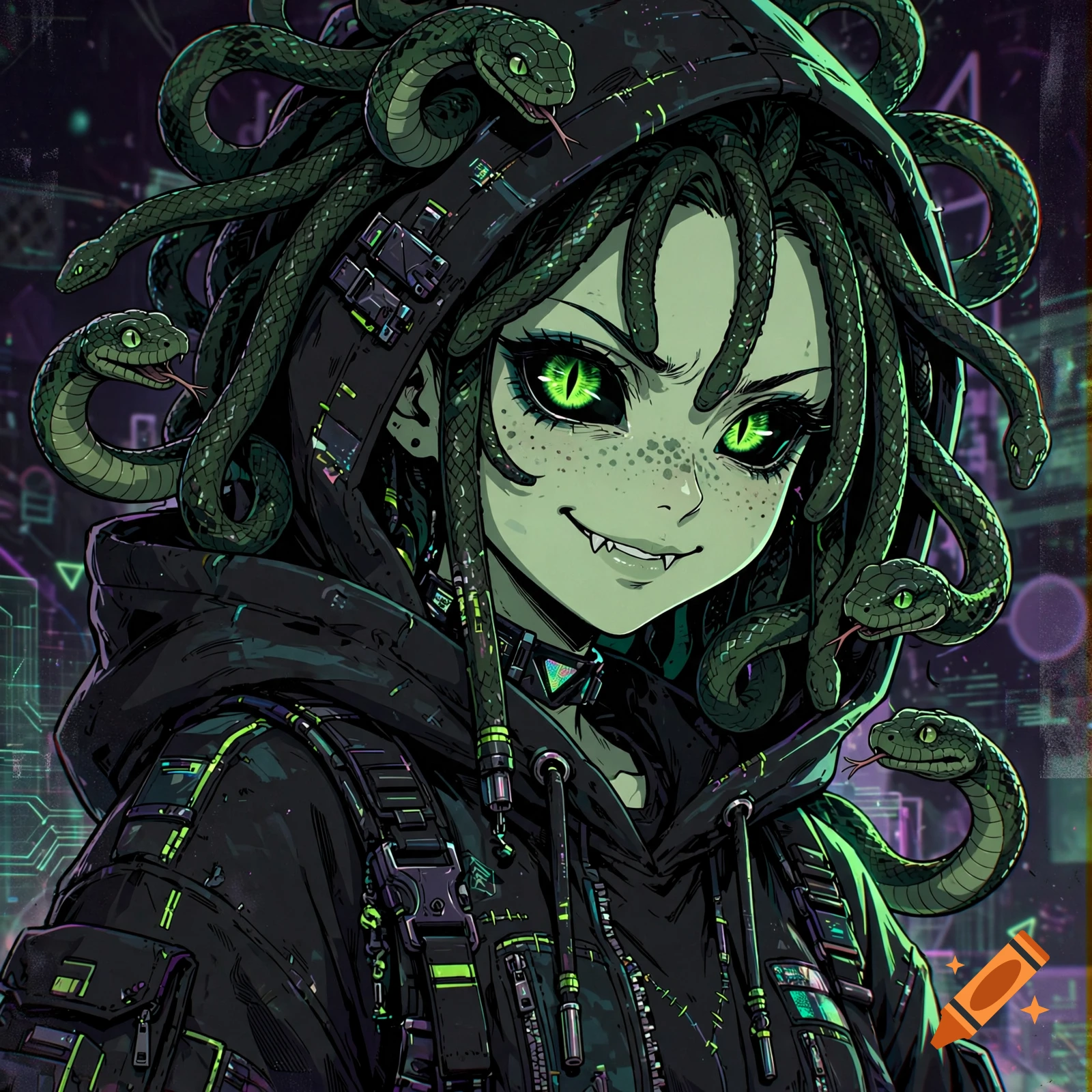 An anime-style portrait of a sci-fi Medusa with green skin, glowing green eyes, and snakes for hair, wearing a dark cyberpunk hoodie.