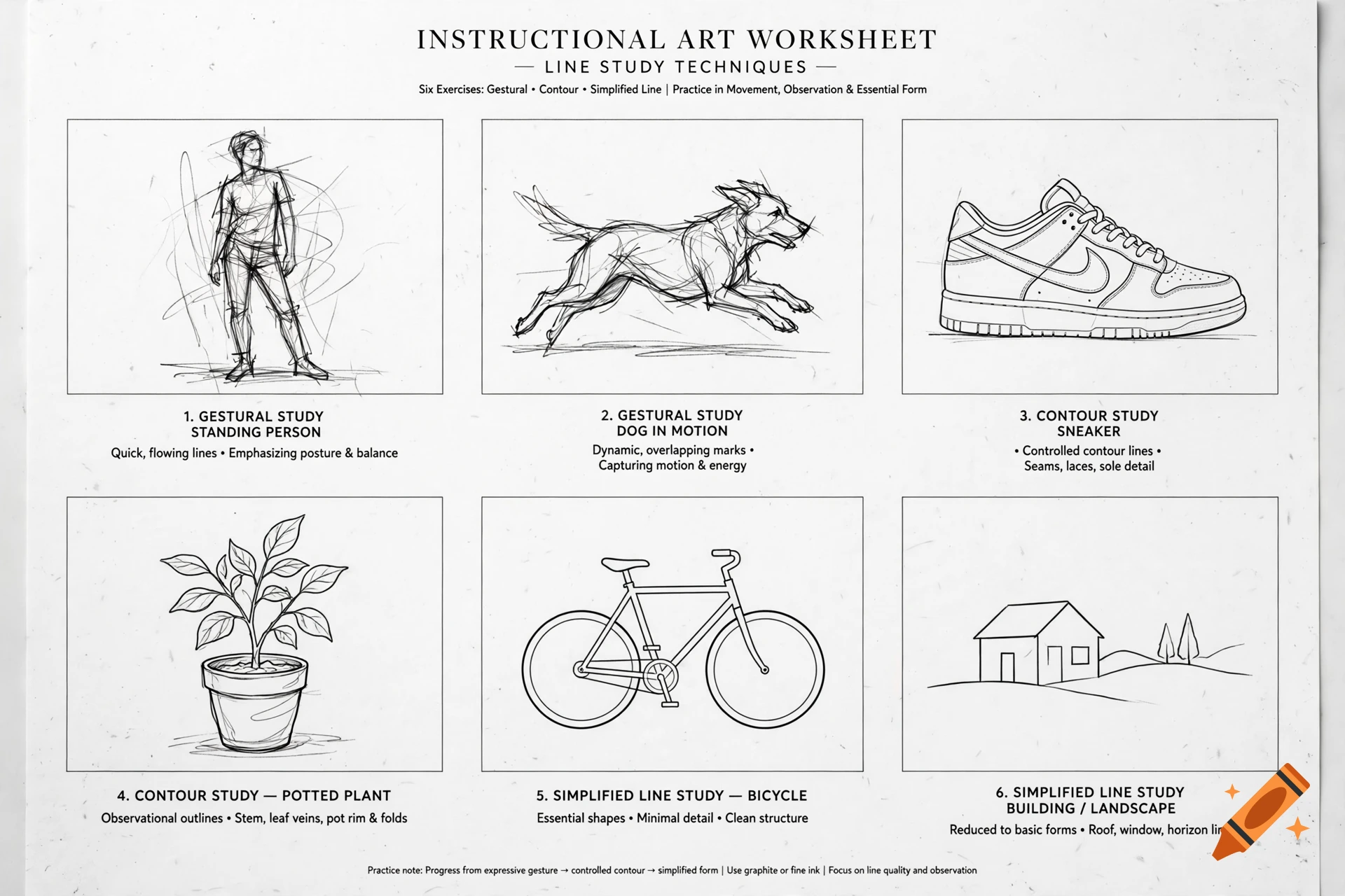 An instructional art worksheet containing six line study exercises including gestural, contour, and simplified drawings.