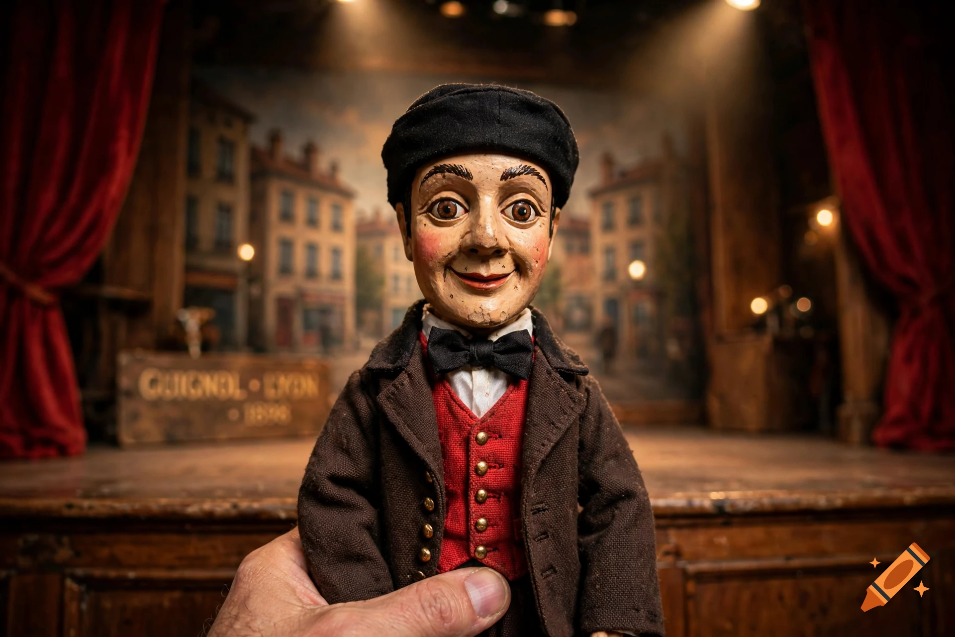 Close-up of a traditional Guignol puppet from Lyon with a red vest and black bow tie, held by a hand on a miniature theater stage.
