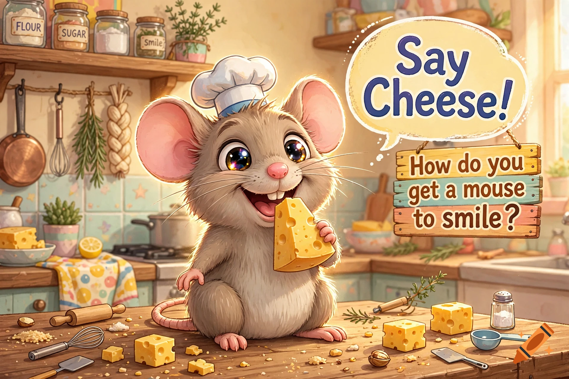A cute cartoon mouse wearing a chef's hat eats a piece of cheese in a kitchen, with speech bubbles saying 'Say Cheese!' and 'How do you get a mouse to smile?'.