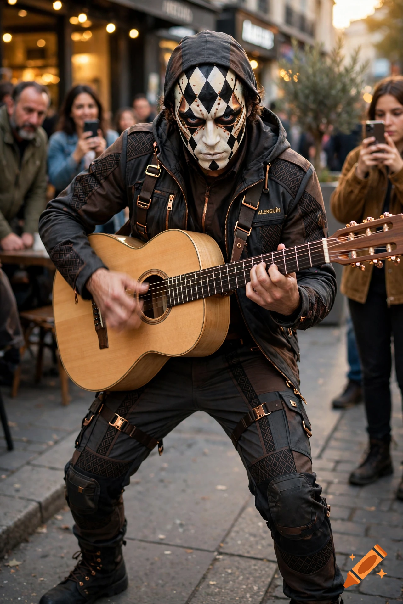 A street musician wearing a harlequin mask and outfit plays an acoustic guitar, surrounded by a crowd in a city street. Photorealistic.