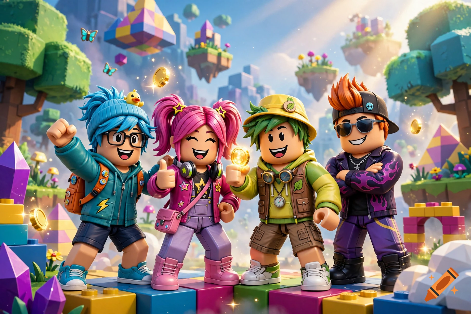 Four stylized Roblox characters standing together in a colorful floating block world.