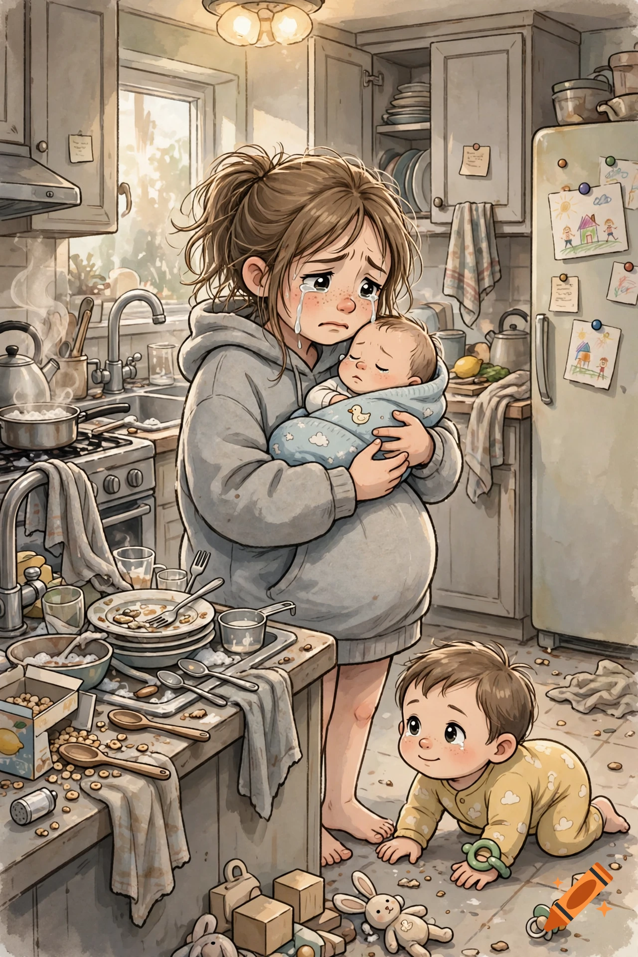 An exhausted, crying mother in a messy kitchen holding a sleeping baby while a toddler crawls on the floor amidst scattered toys.