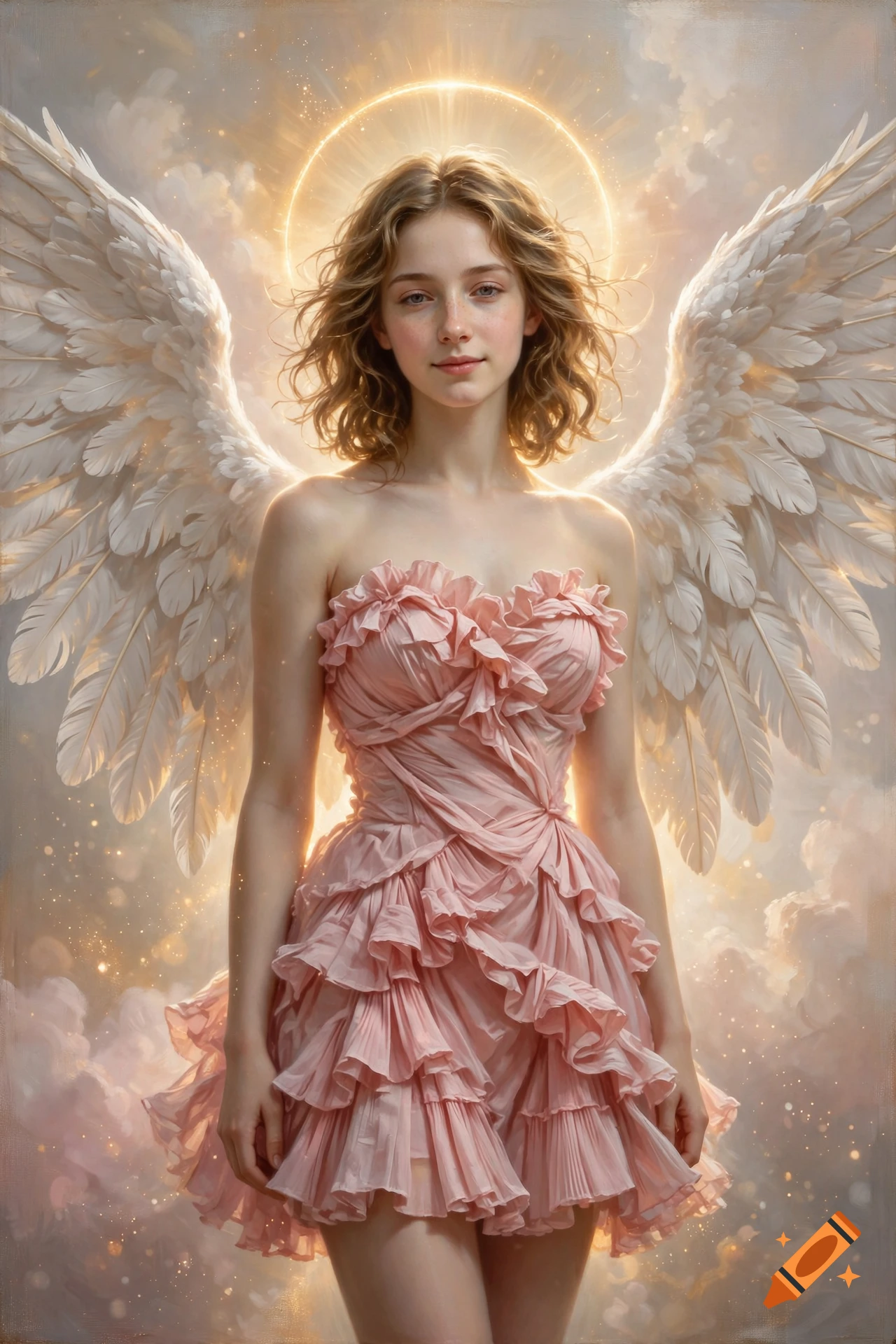 Digital oil painting of a young woman with white angel wings, a glowing halo, and a pink strapless ruffle mini dress.