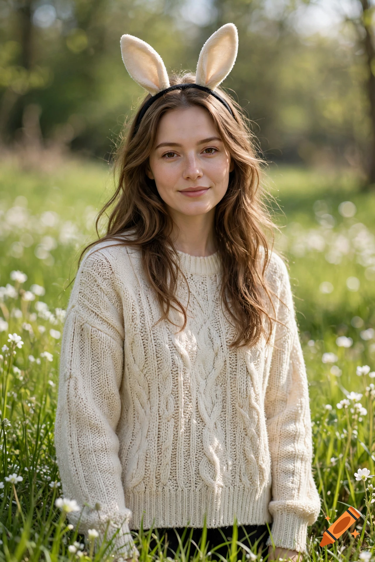 A young woman wearing a cream-colored knit sweater and a headband with rabbit ears stands in a field of green grass and white flowers.