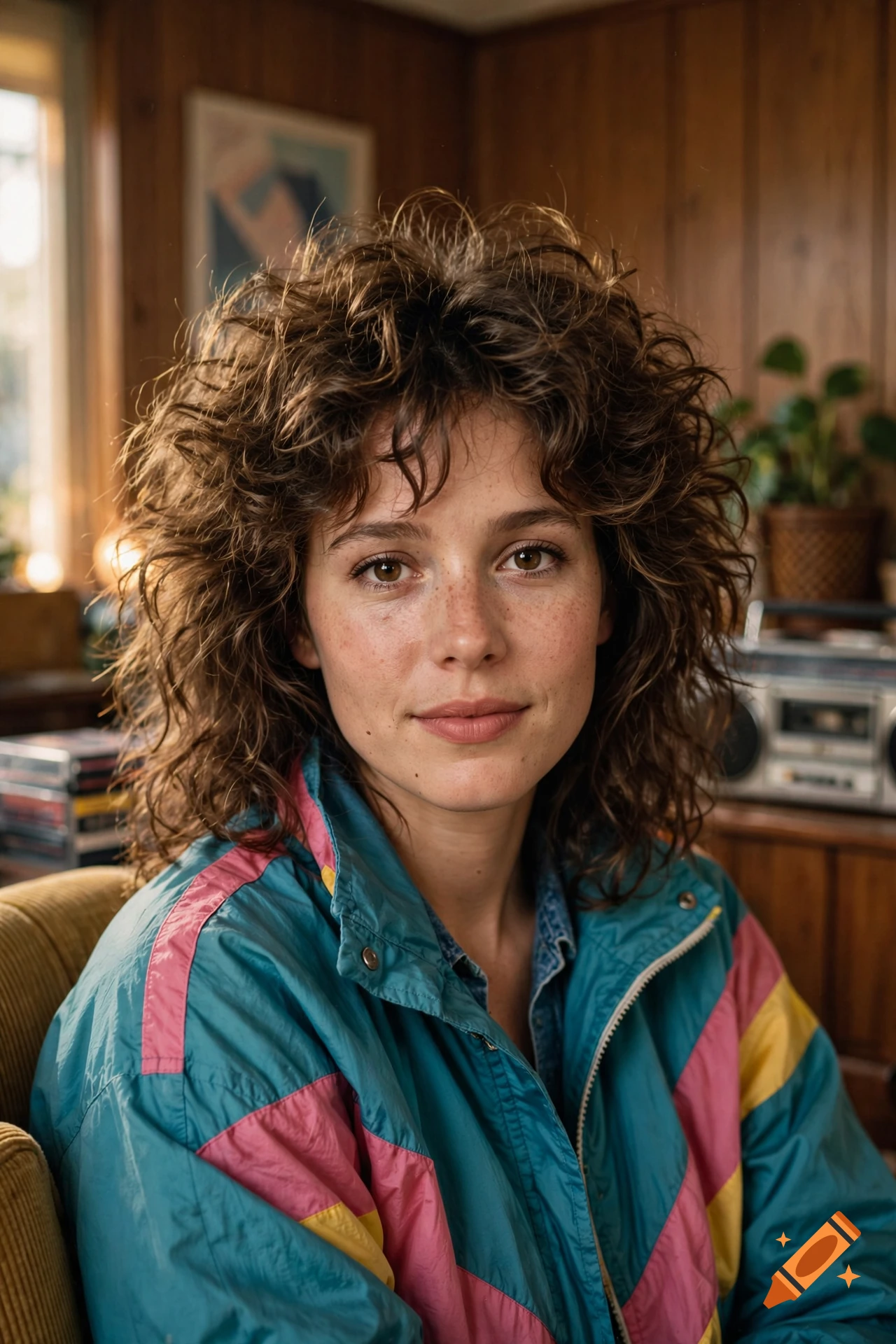 Photorealistic portrait of a young person with curly hair and freckles, wearing a colorful 1980s retro windbreaker jacket.