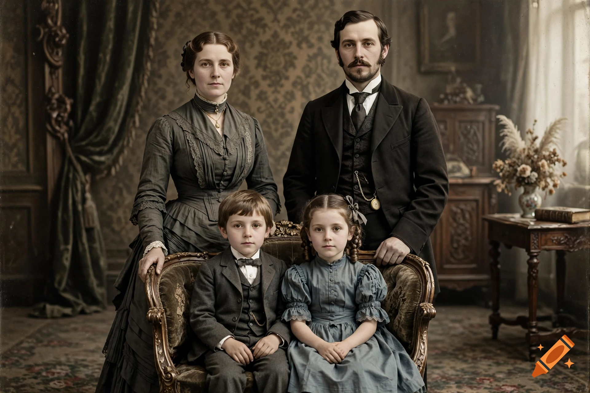 Photorealistic 19th-century portrait of a seated Victorian family including a mother, father, son, and daughter in period attire.