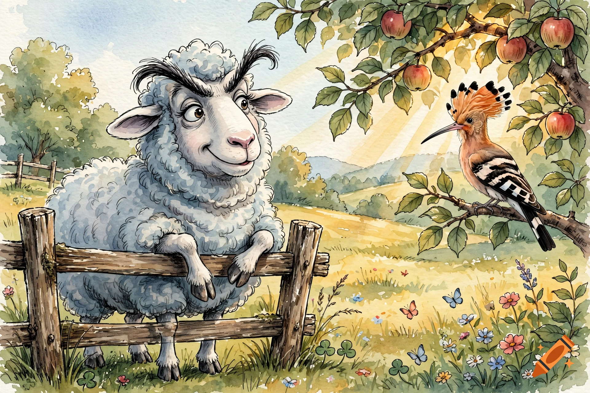 Humorous watercolor illustration of a proud fluffy sheep leaning on a wooden fence and a colorful hoopoe bird on an apple tree branch.