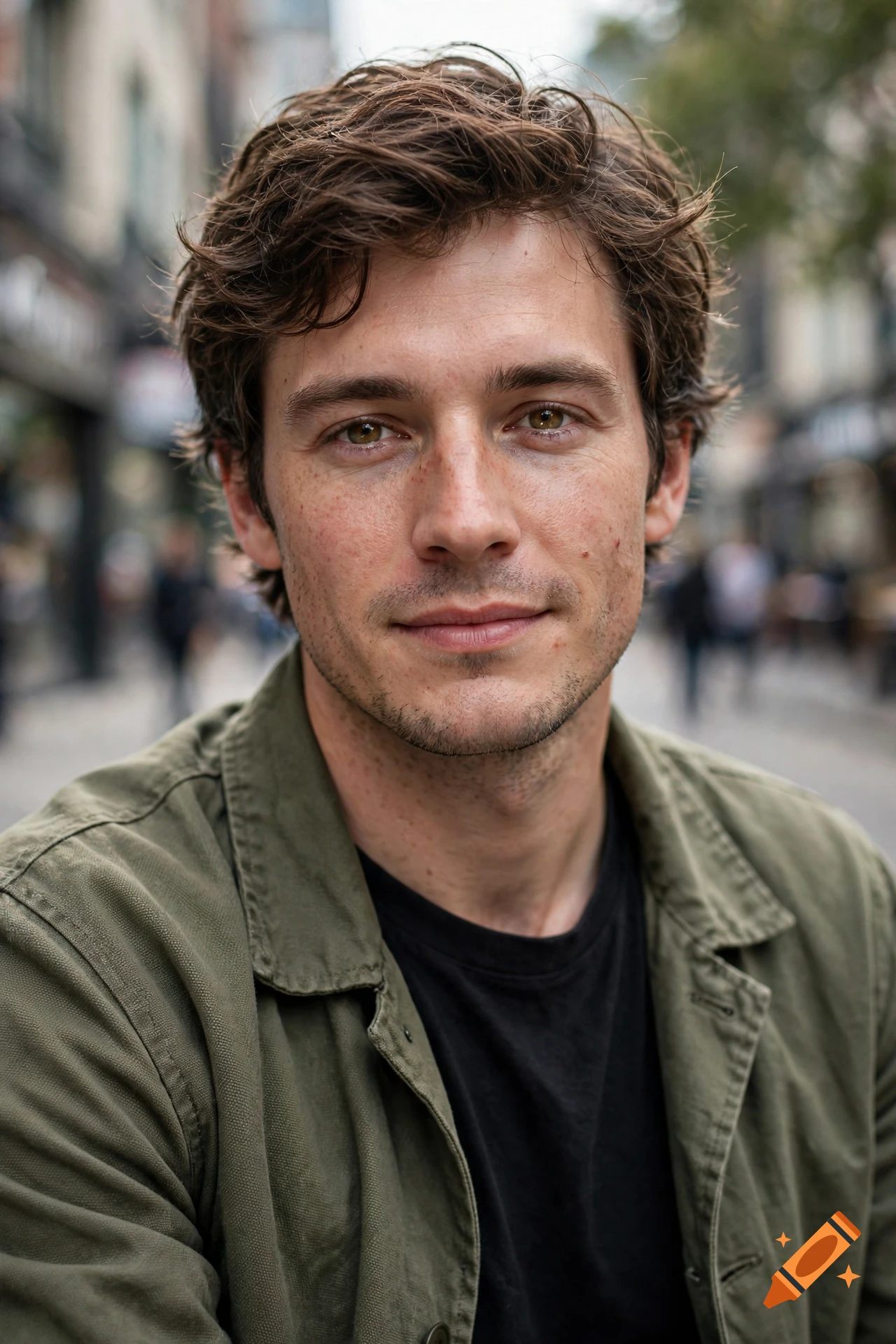 Close-up photorealistic portrait of a young man with brown hair and hazel eyes, wearing a green jacket over a black shirt on a city street.