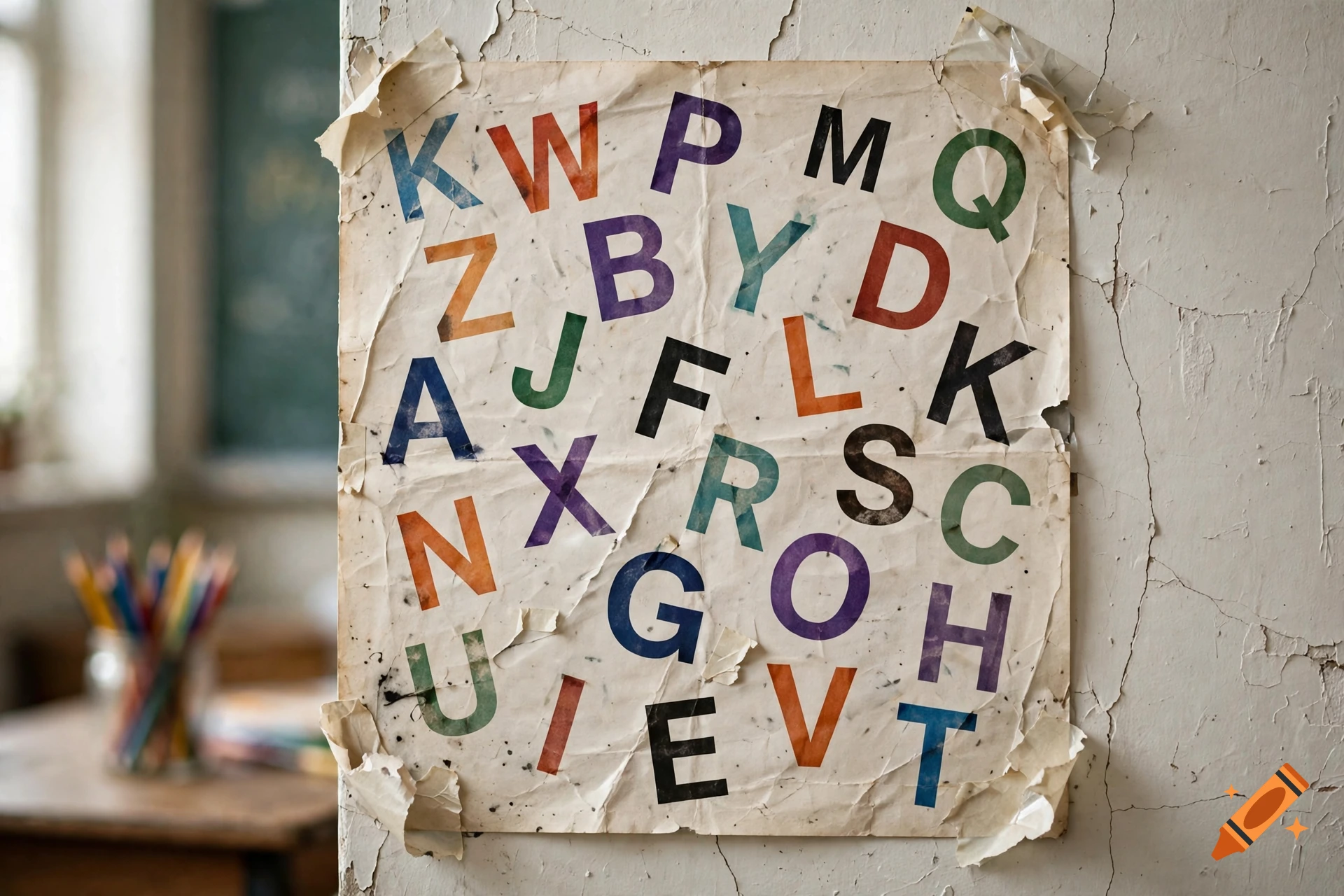 A crumpled vintage alphabet poster with jumbled colorful letters taped to a cracked wall.