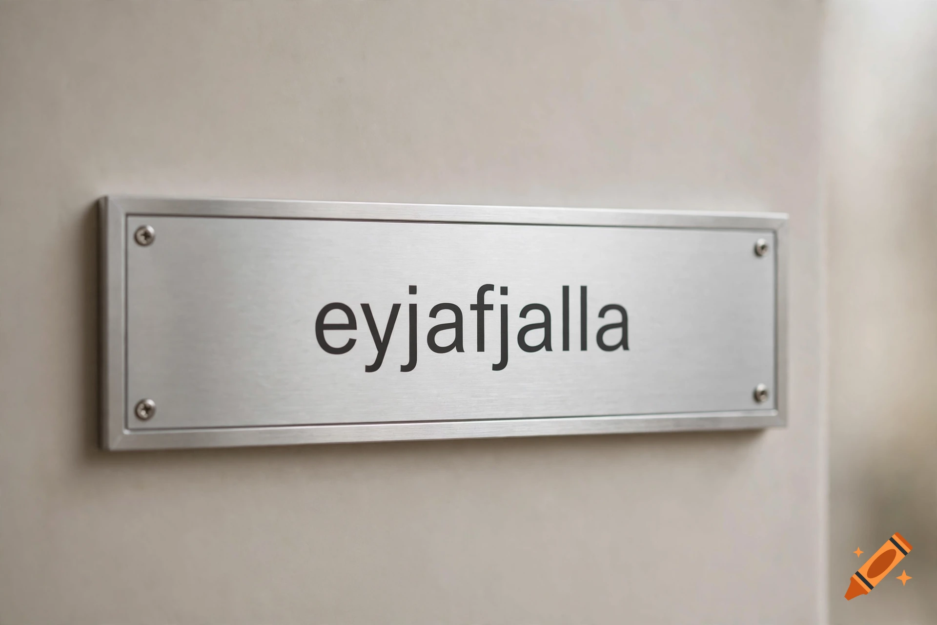 A close-up of a brushed metal nameplate on a neutral wall with the word eyjafjalla written in black.