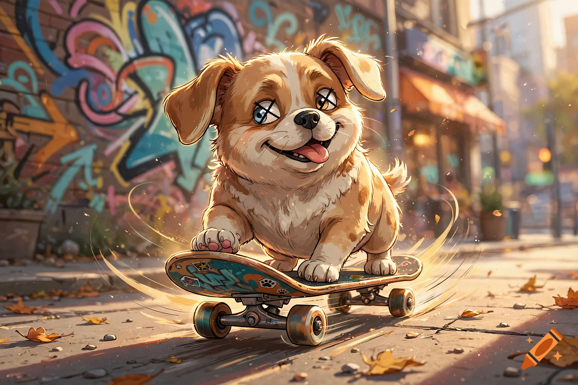 An illustration of a cute, chubby dog skateboarding down a city street with graffiti on a brick wall in the background.