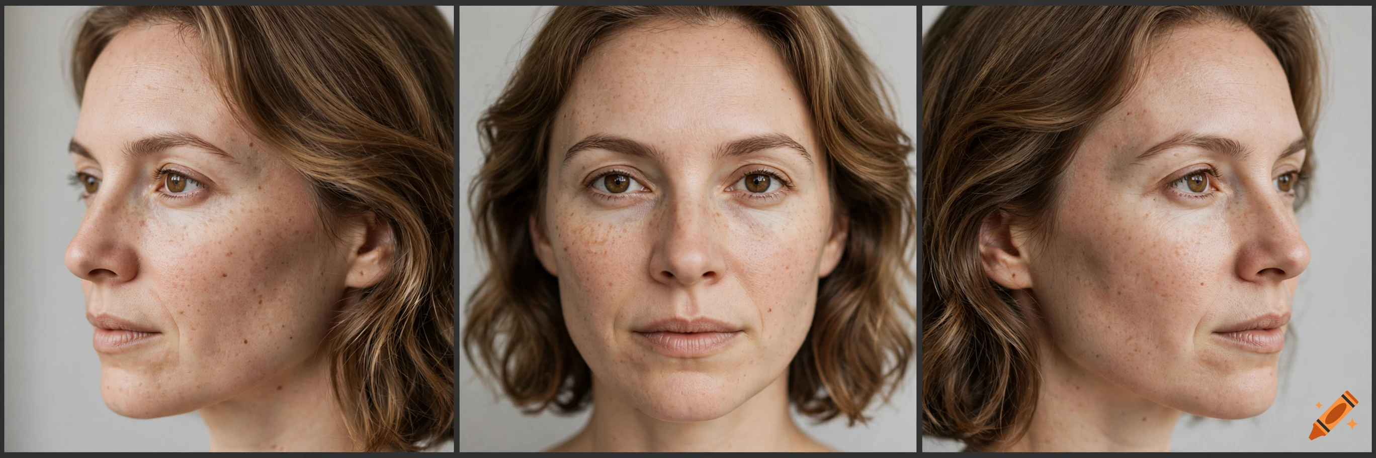 Photorealistic triptych showing three angles of a woman's face with freckles and short brown hair.