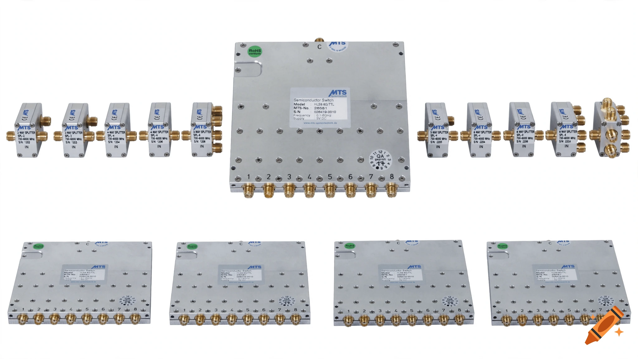 Studio photograph of various MTS Systemtechnik RF switches and splitters arranged symmetrically on a white background.