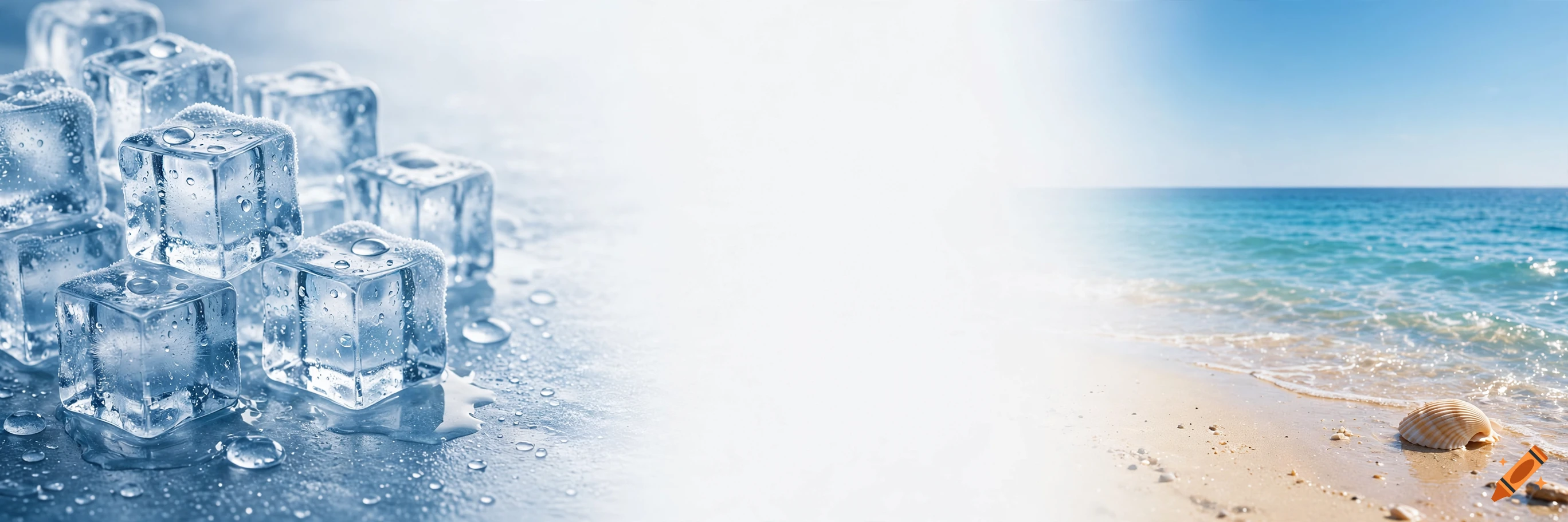 Split view banner with ice cubes and water droplets on the left transitioning through white to a sunny beach with sea and a seashell on the right.