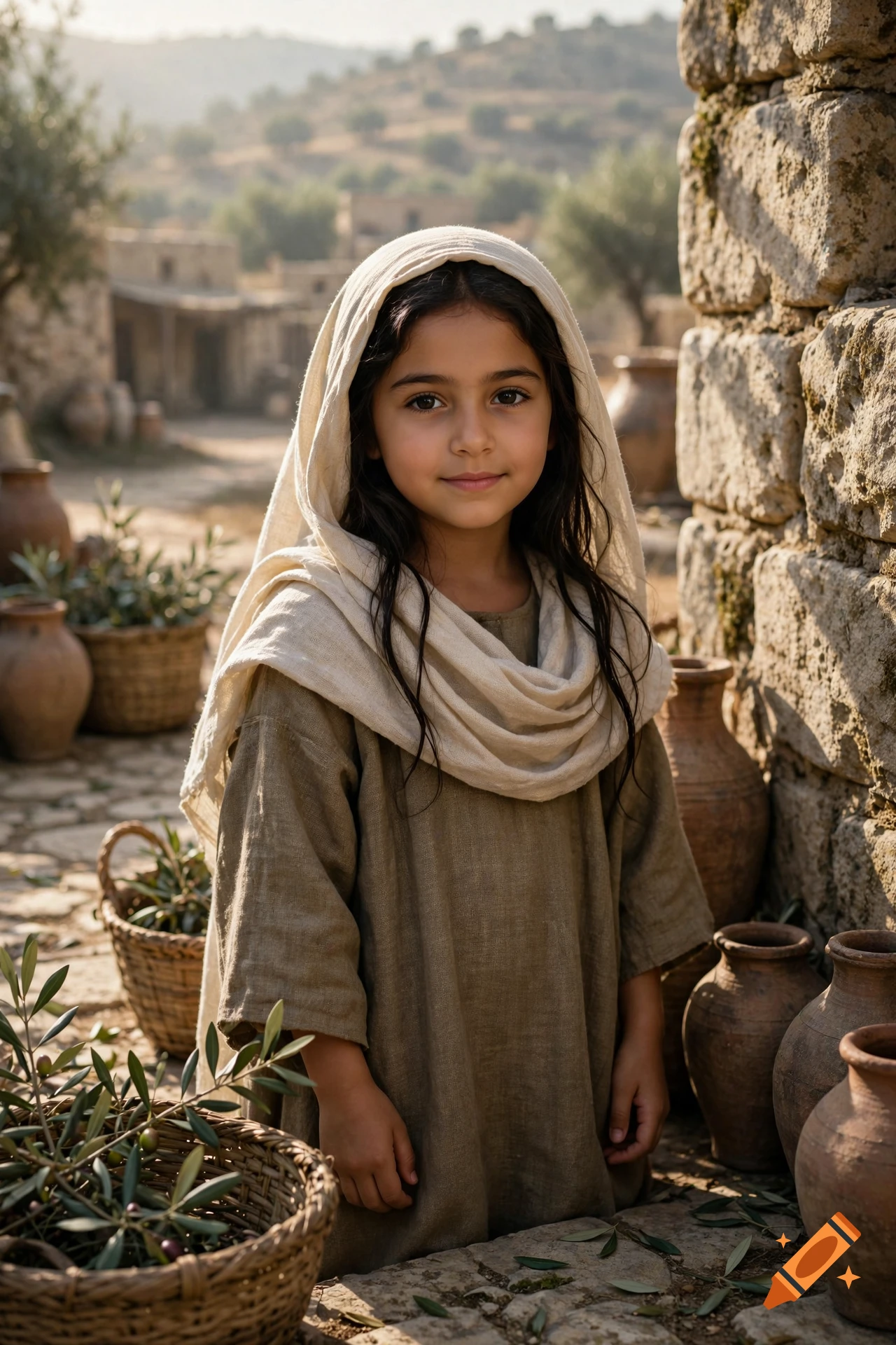 Photorealistic portrait of a young girl wearing a headscarf in an ancient village setting with stone walls and clay pots.
