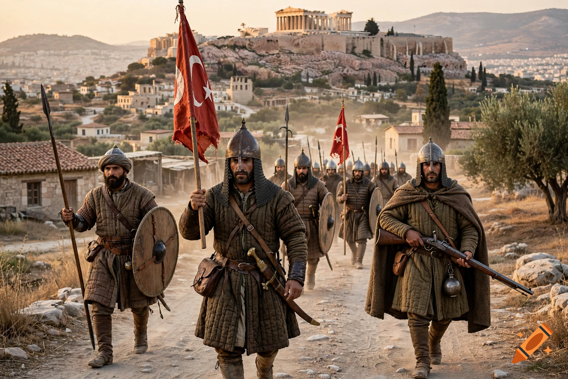 Photorealistic image of Ottoman soldiers marching on a dirt road toward Athens with the Parthenon in the background.