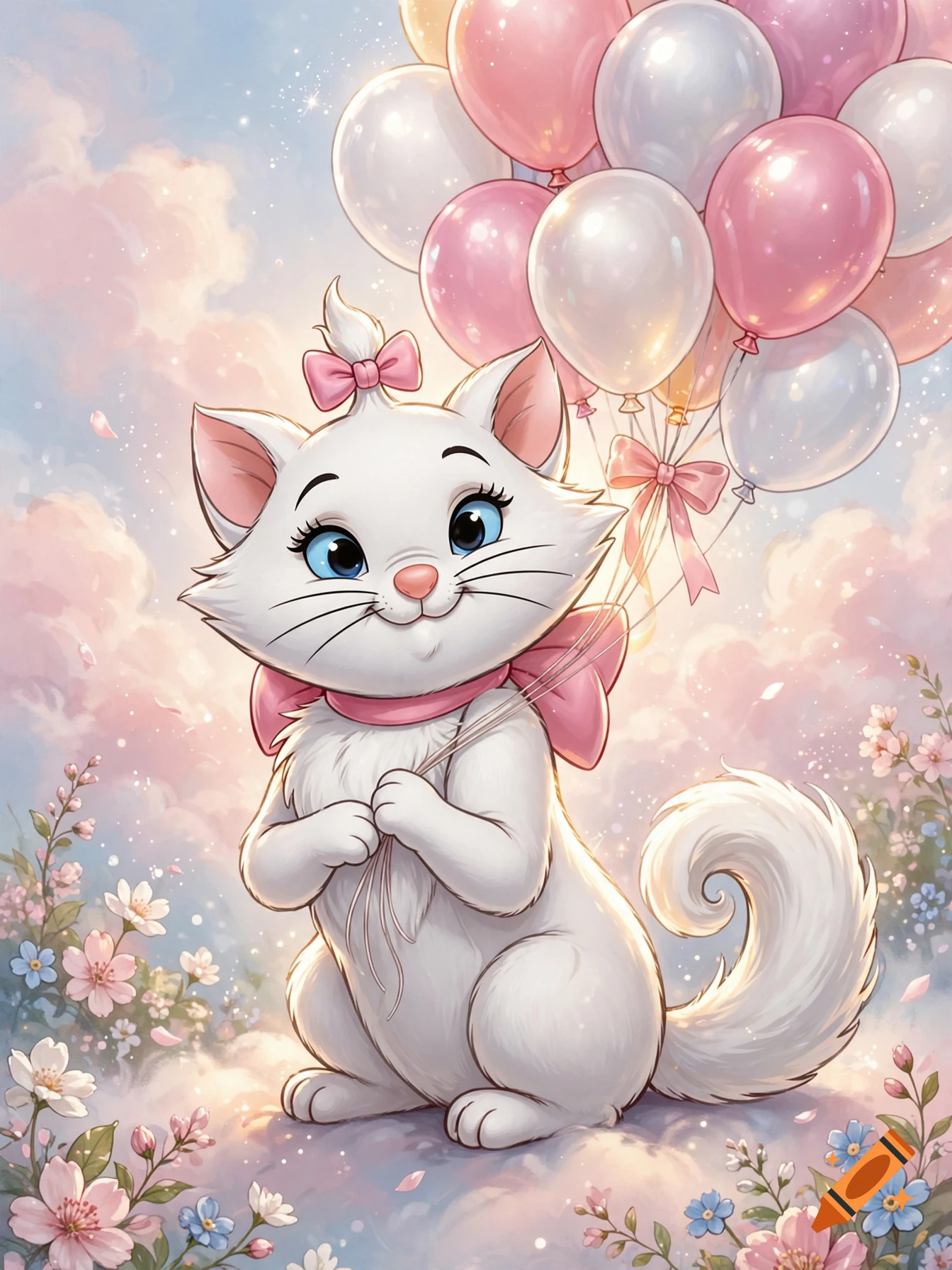 Digital illustration of Marie from The Aristocats holding pastel pink and white balloons among clouds and flowers.