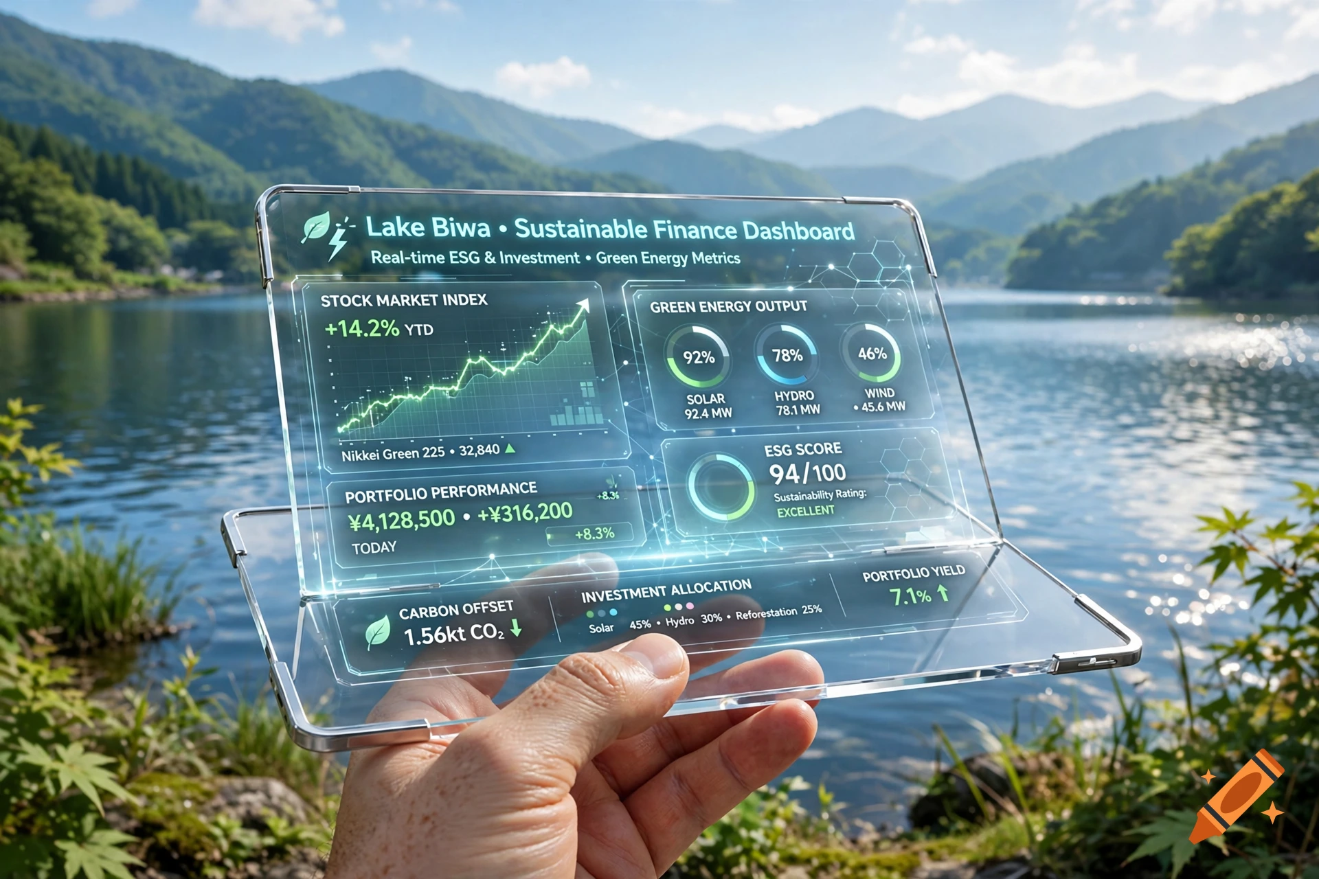 Photorealistic concept art of a futuristic transparent tablet displaying green energy and investment data, held in front of Lake Biwa.