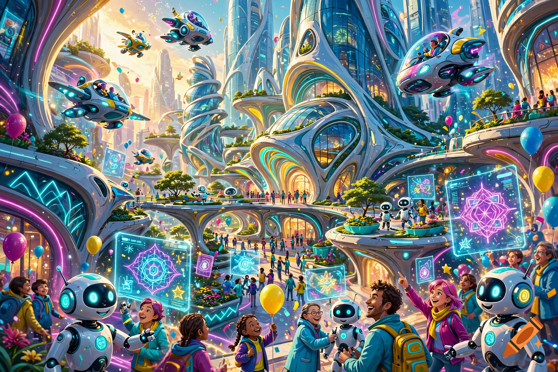 Vibrant futuristic city with flying vehicles, friendly robots, and diverse people in a bright, optimistic cartoon style.