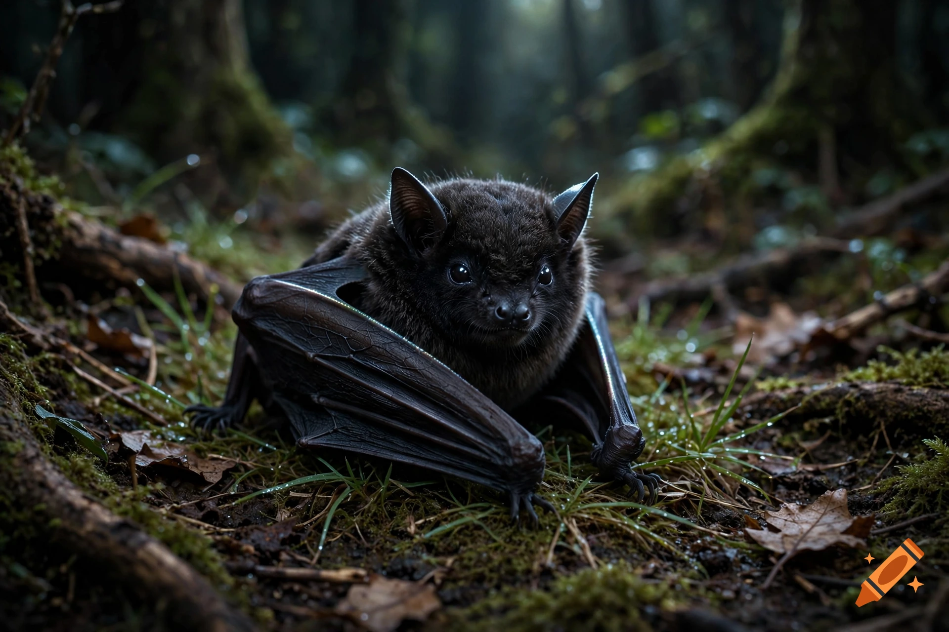 Close-up photorealistic image of a black bat sitting on mossy ground in a dark forest.