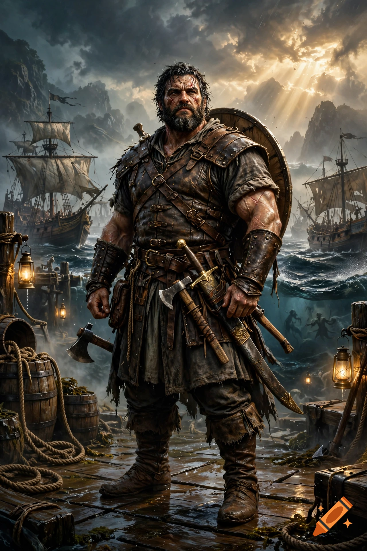A muscular medieval seafarer with a beard holding a sword and axes on a wooden dock with ships and stormy seas in the background, digital art style.