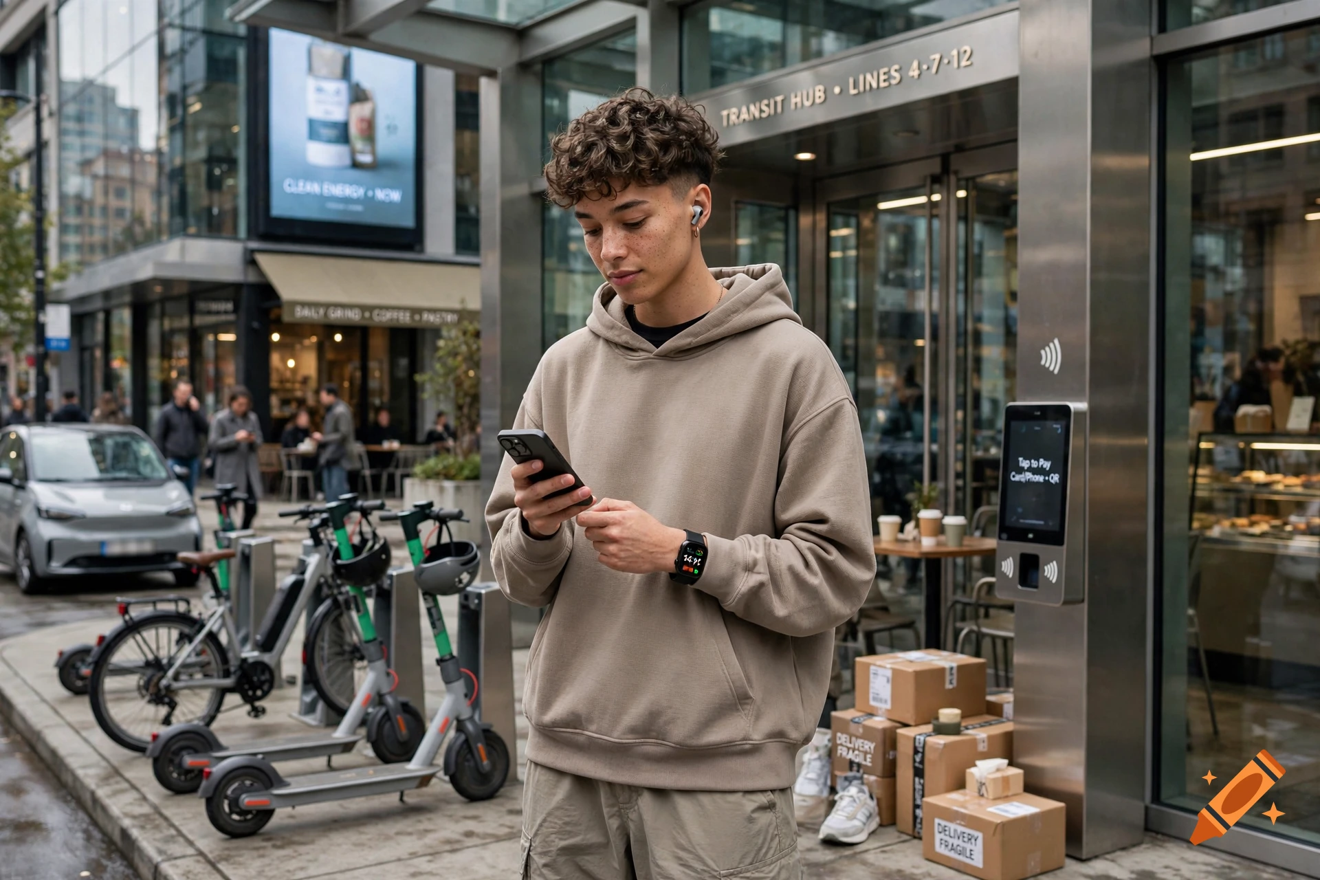 A young man with curly hair wearing a beige hoodie stands on a city street, looking at his smartphone while standing near parked rental bicycles and a transit station entrance.
