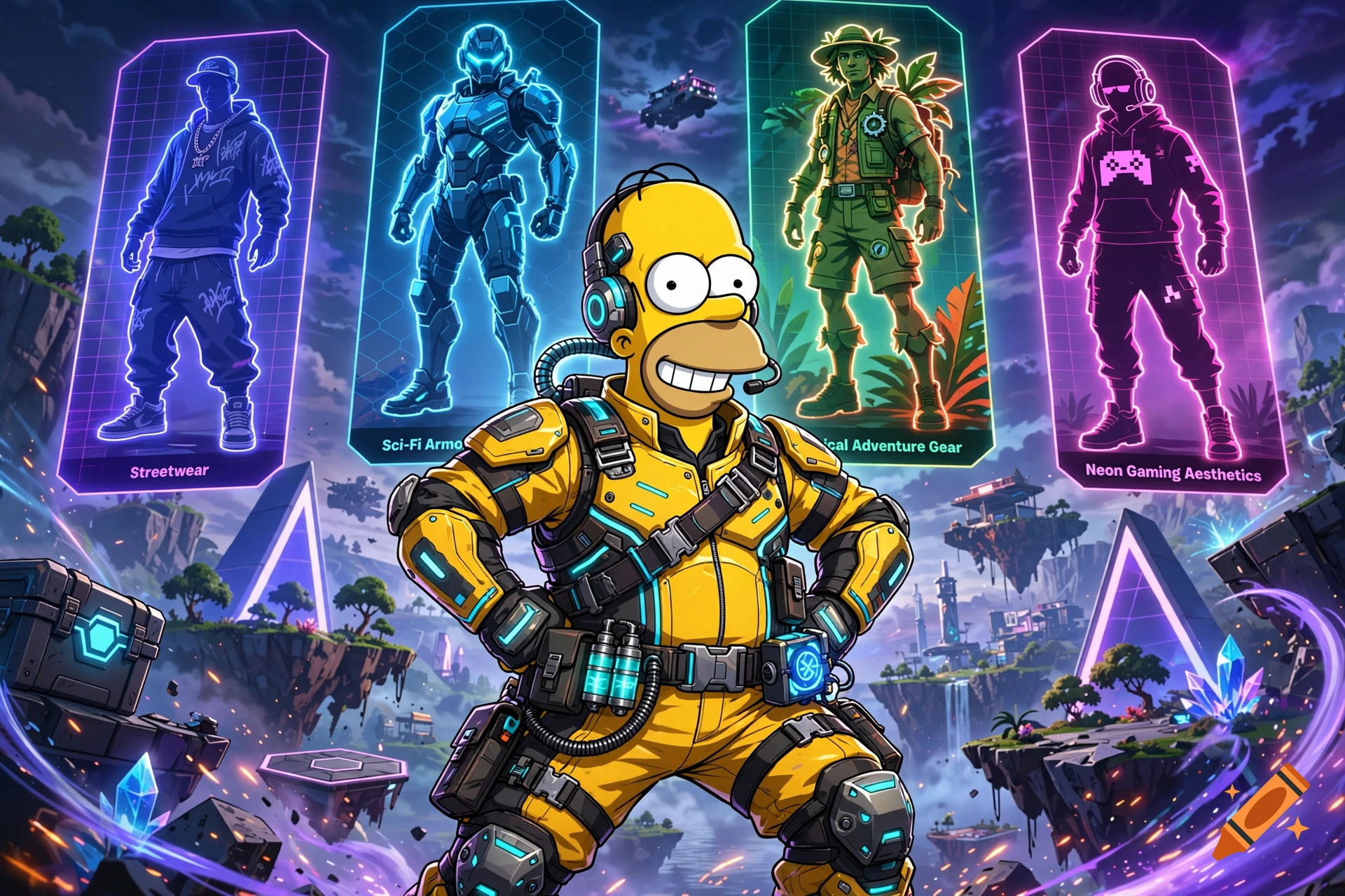 Homer Simpson as a Fortnite skin wearing yellow tactical gear, surrounded by holographic character selections in a futuristic landscape.