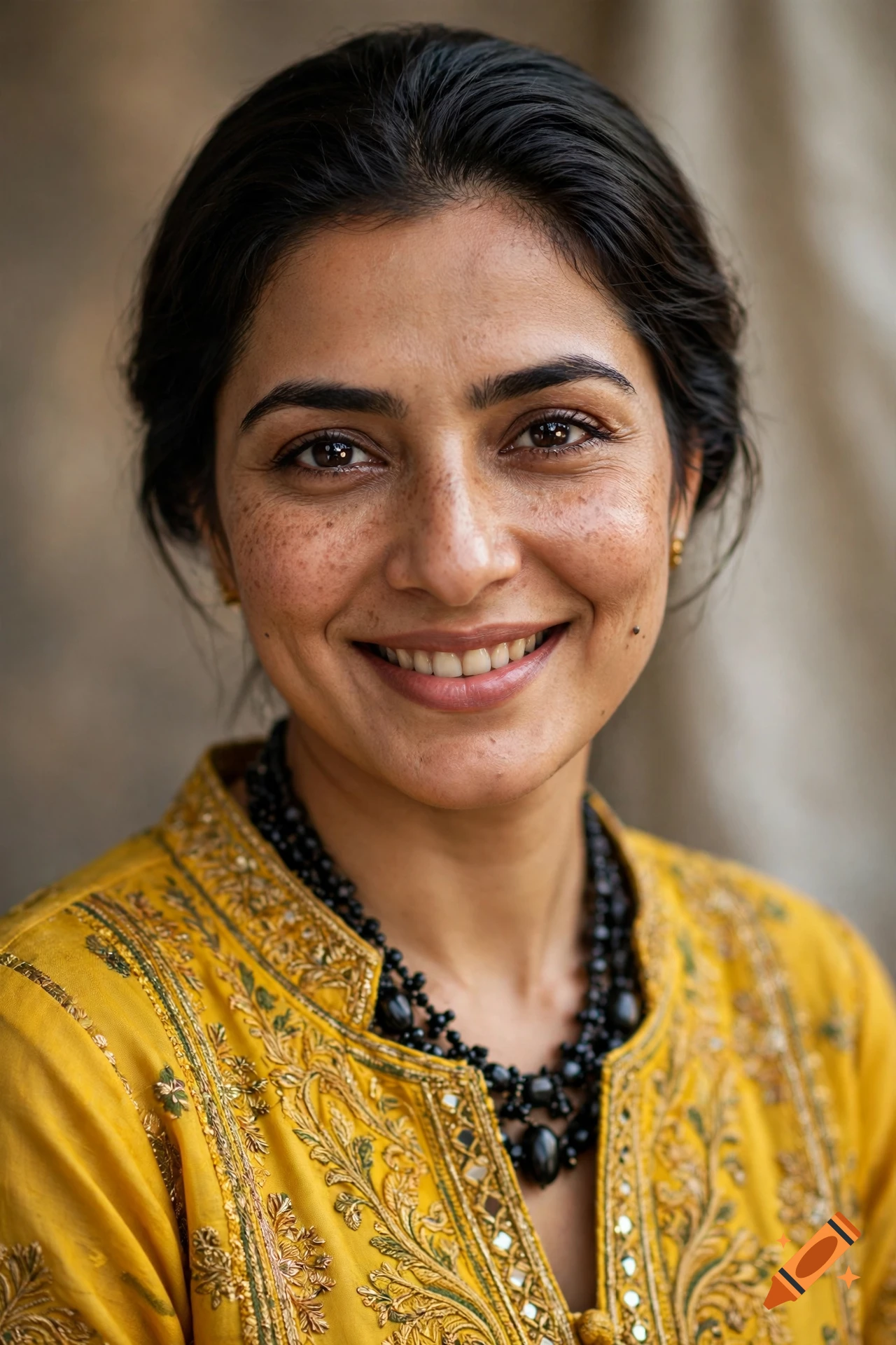 Photorealistic portrait of a smiling Pakistani woman with freckles, wearing a vibrant yellow traditional dress and heavy beaded necklace.