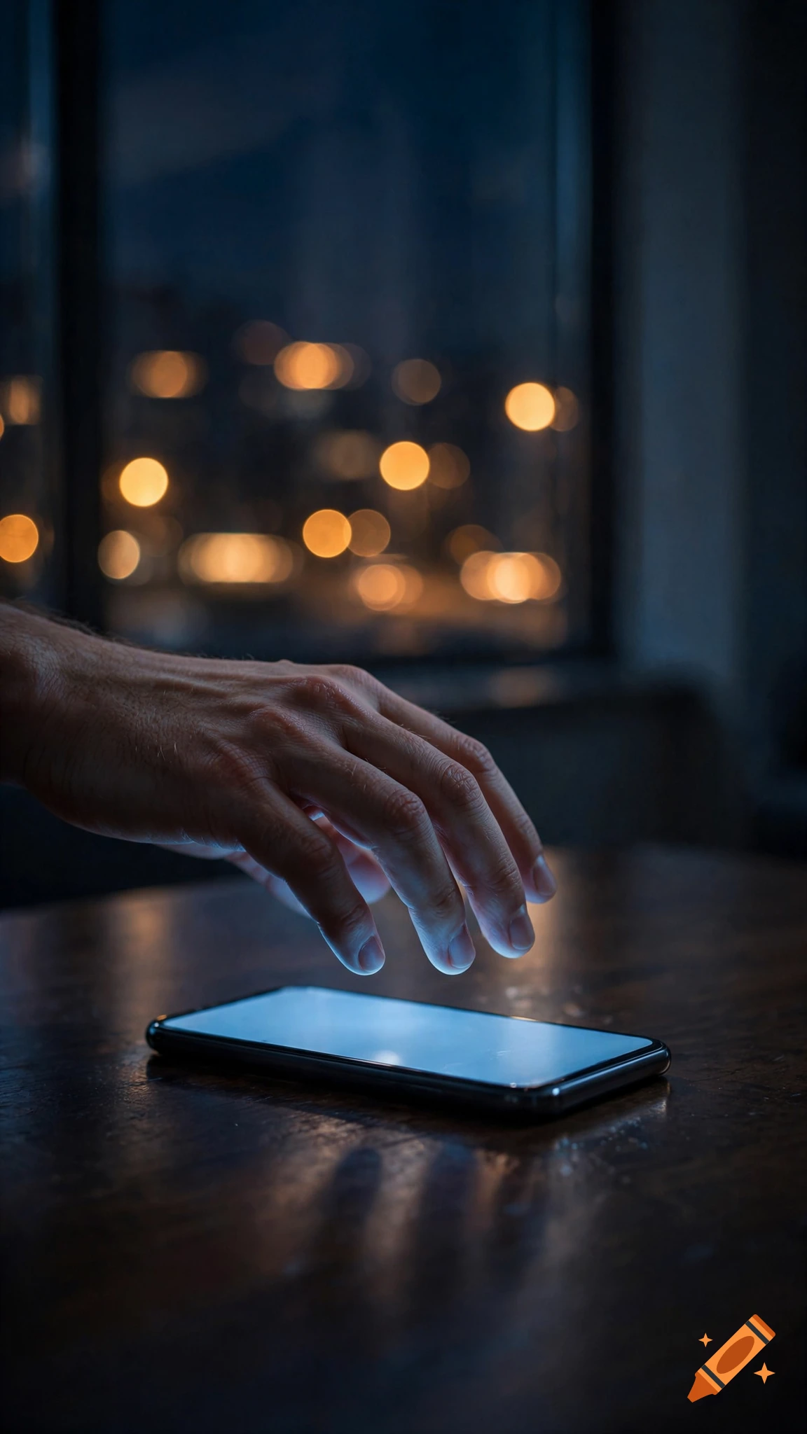 Close-up photorealistic shot of an adult hand hovering above a glowing smartphone on a dark wooden table at night.