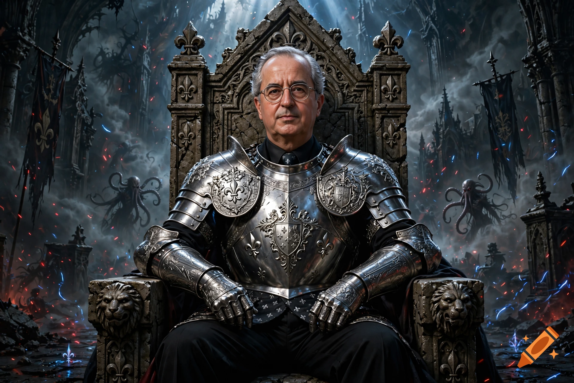 Cinematic digital painting of a French politician in ornate silver armor sitting on a stone throne in a dark fantasy setting.