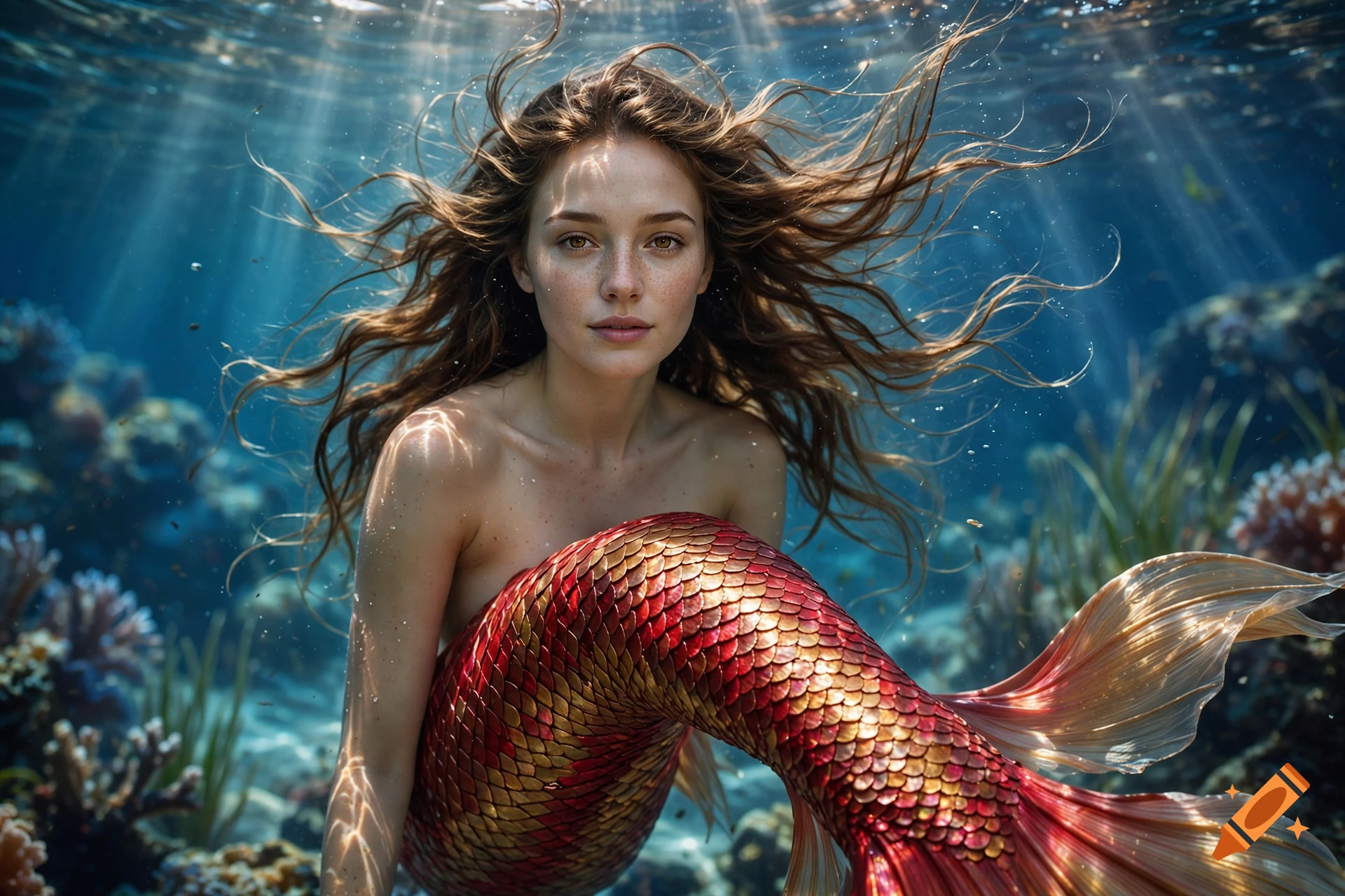 A mermaid with long brown hair and a red-and-gold scaled tail sits underwater among coral reefs with sunlight filtering down.