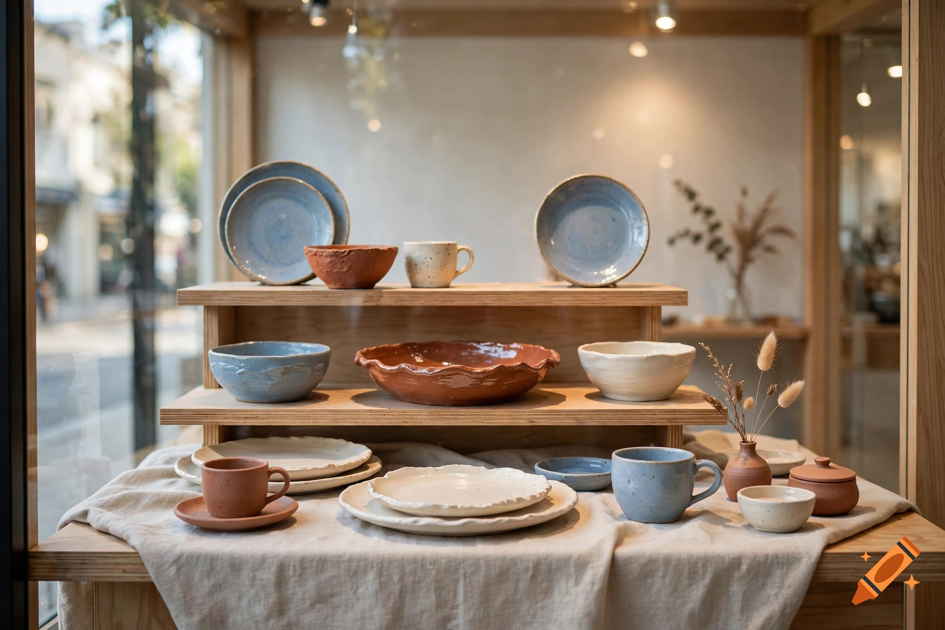 Photorealistic display of handmade ceramic plates, bowls, and mugs on wooden shelves and a linen-covered table inside a shop.