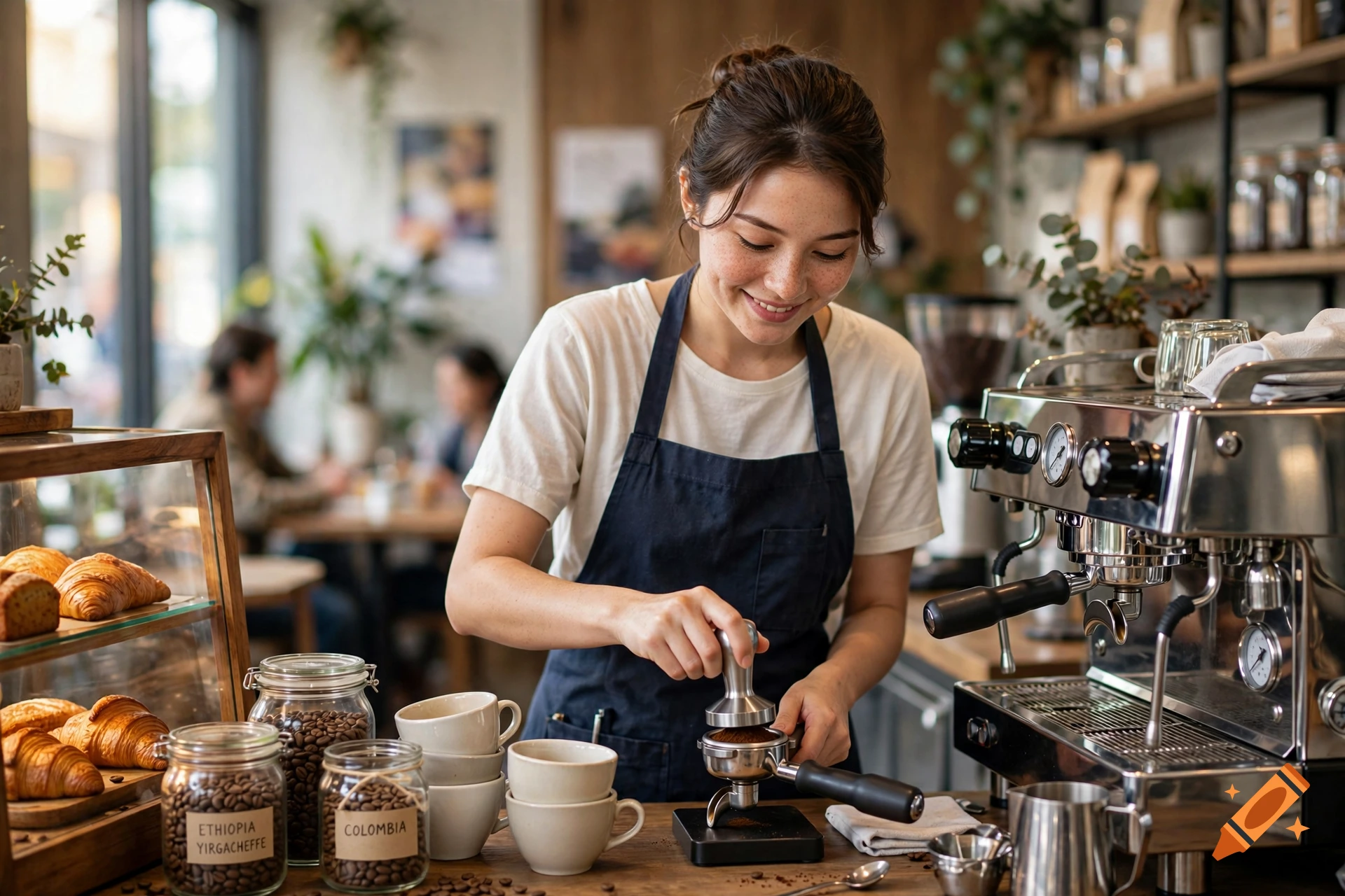 A smiling female barista in a black apron tamping espresso grounds in a cozy coffee shop.